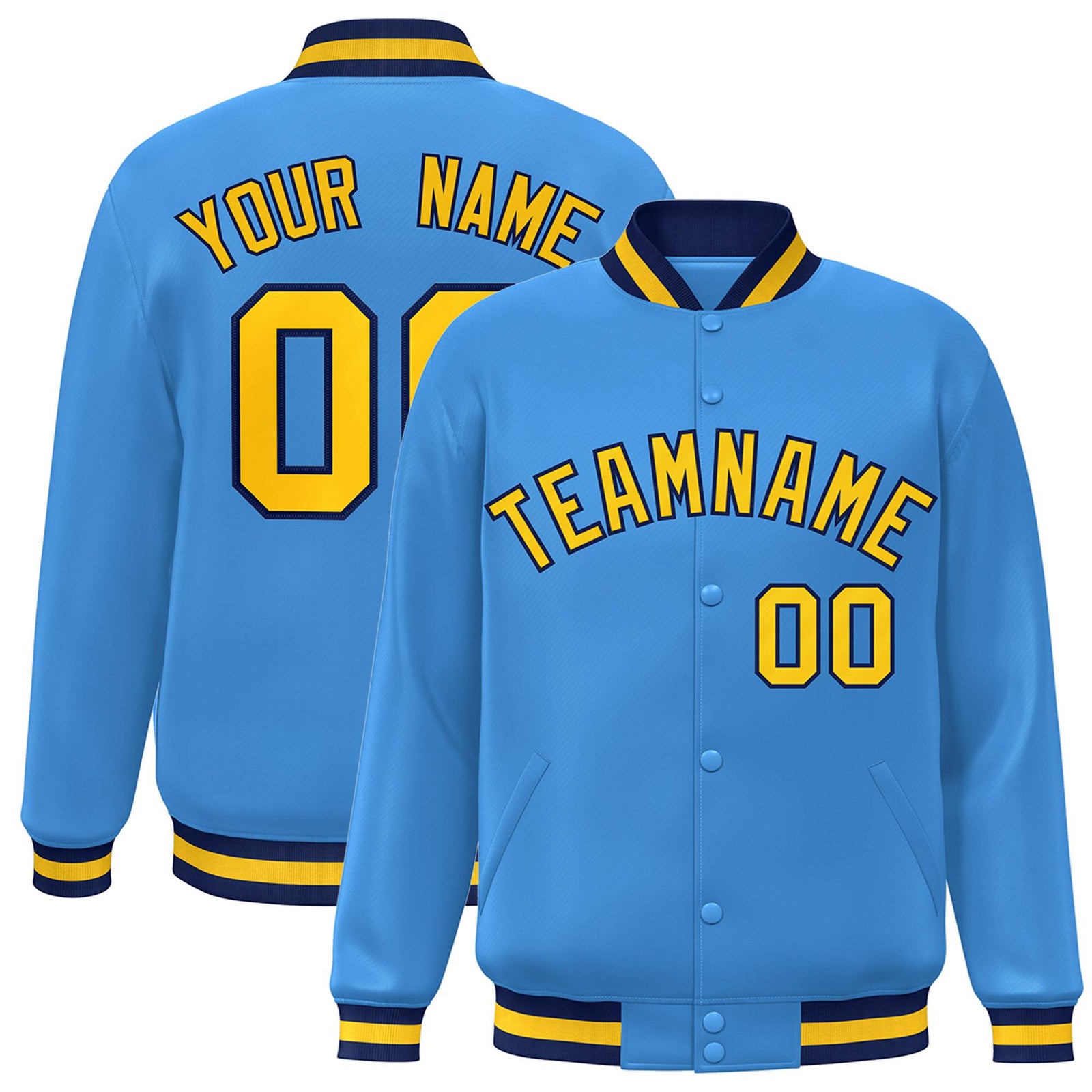 Custom Light-Blue Yellow-Navy Bomber Full-Snap Varsity Letterman Jacket