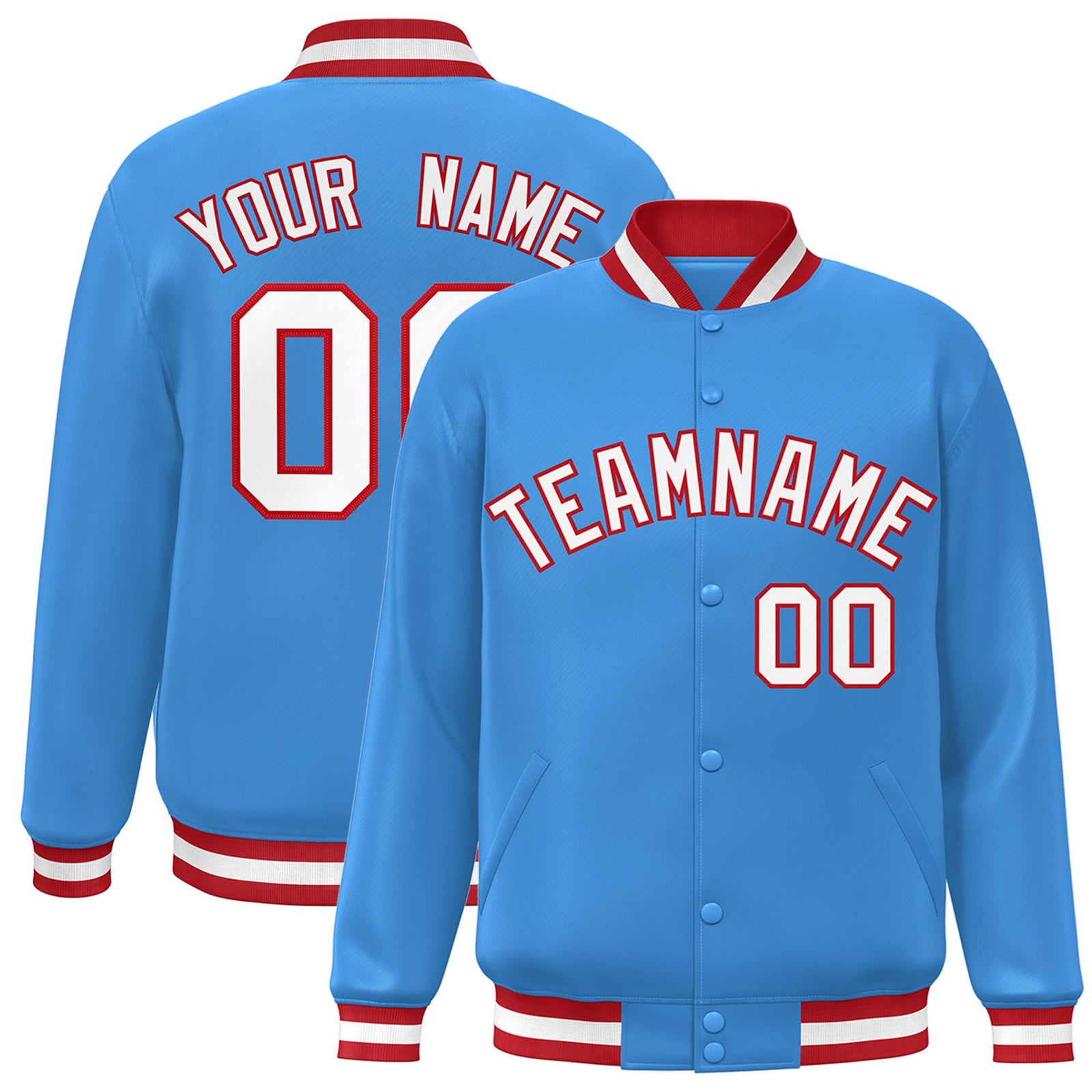 Custom Light-Blue White-Red Bomber Full-Snap Varsity Letterman Jacket