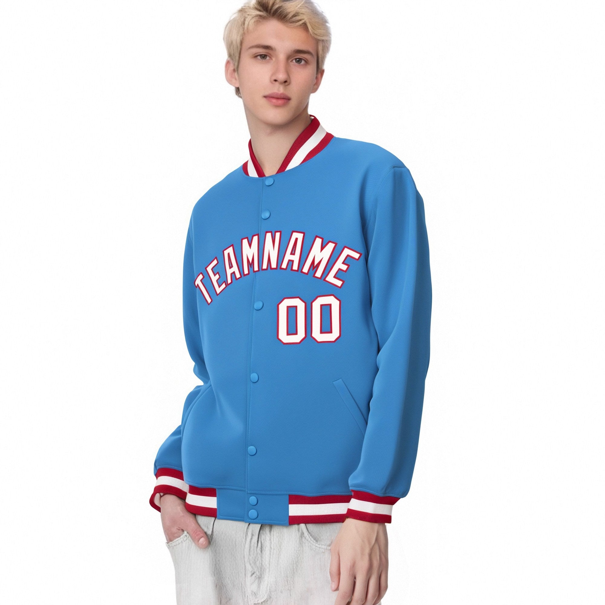 Custom Light-Blue White-Red Bomber Full-Snap Varsity Letterman Jacket