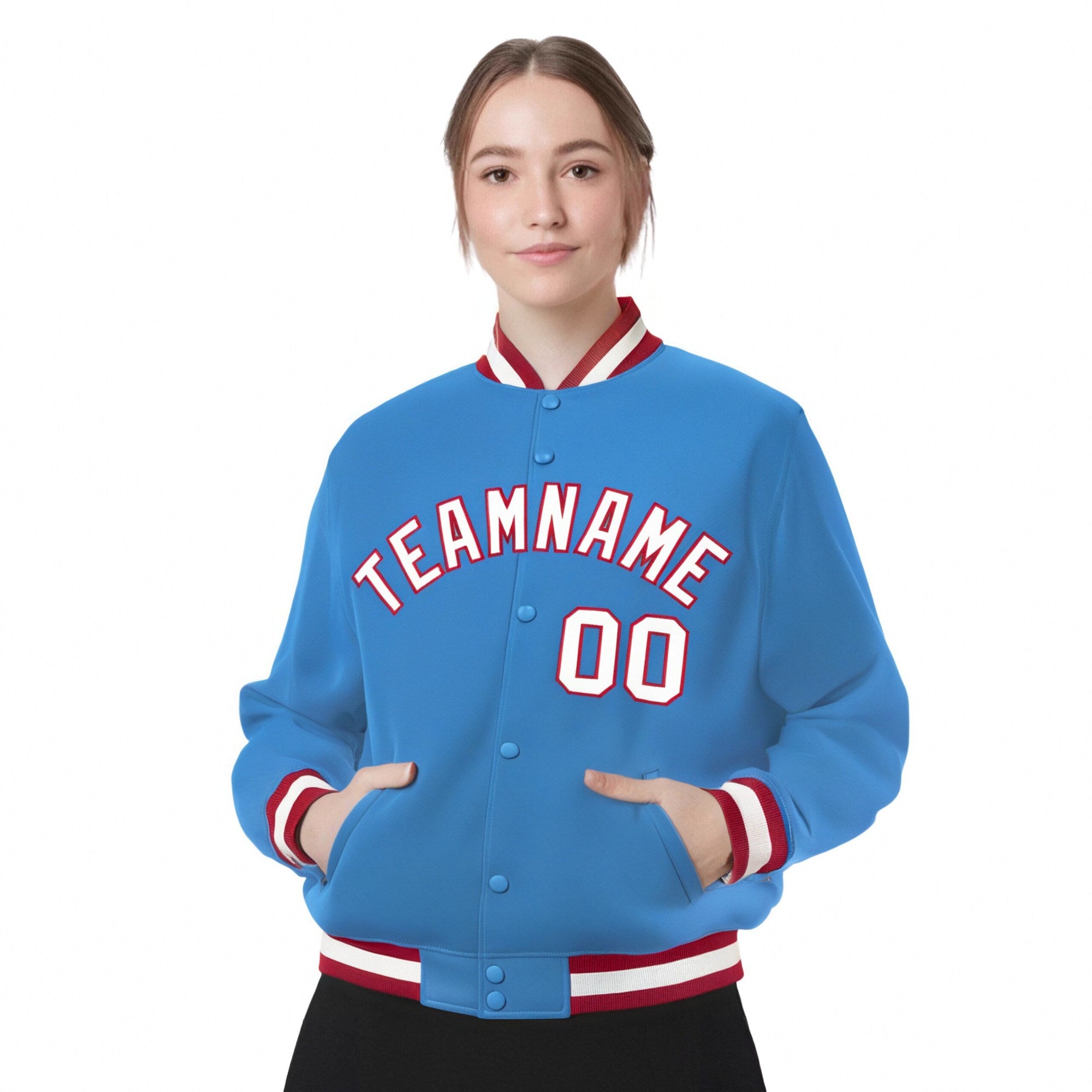 Custom Light-Blue White-Red Bomber Full-Snap Varsity Letterman Jacket