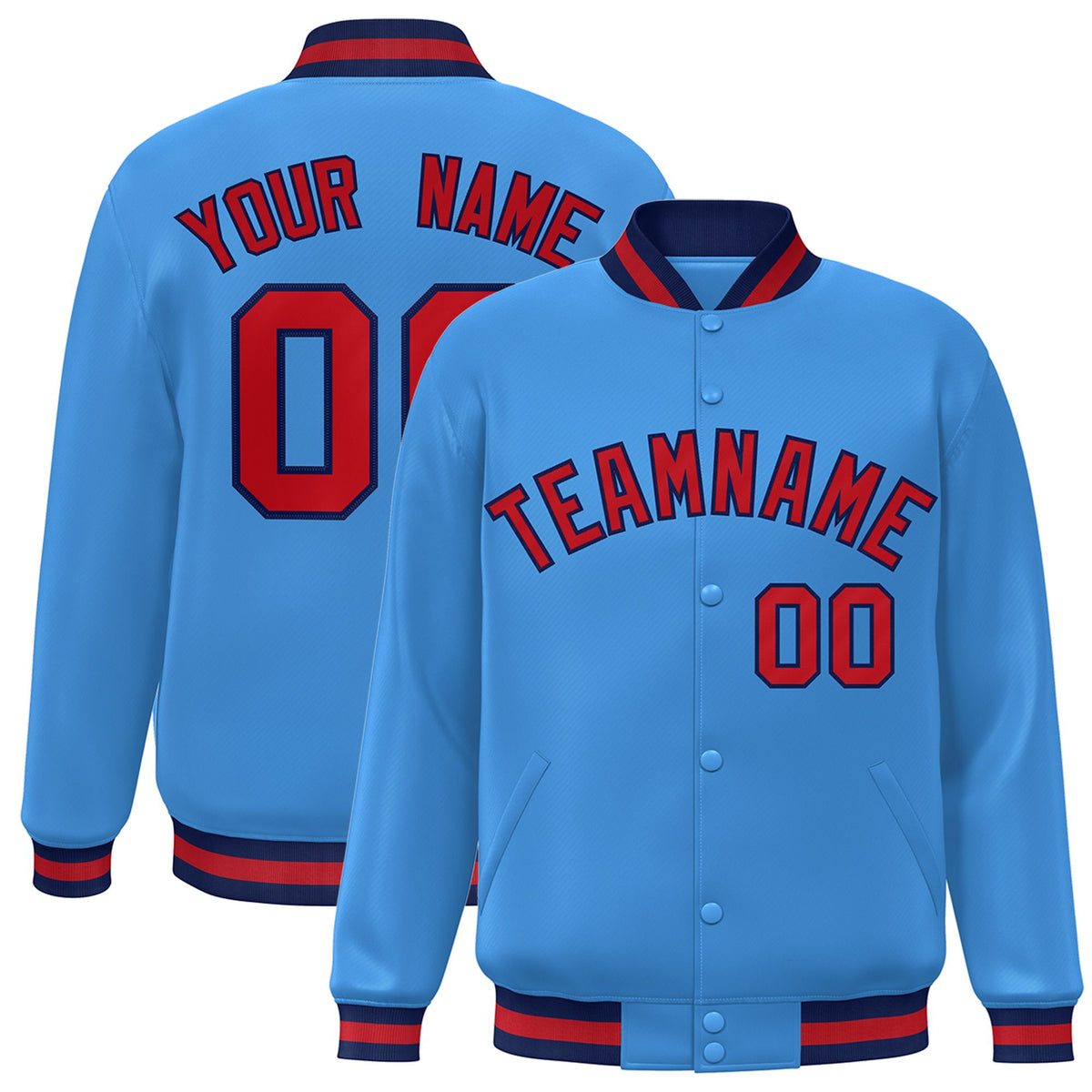 Custom Light-Blue Red-Navy Bomber Full-Snap Varsity Letterman Jacket