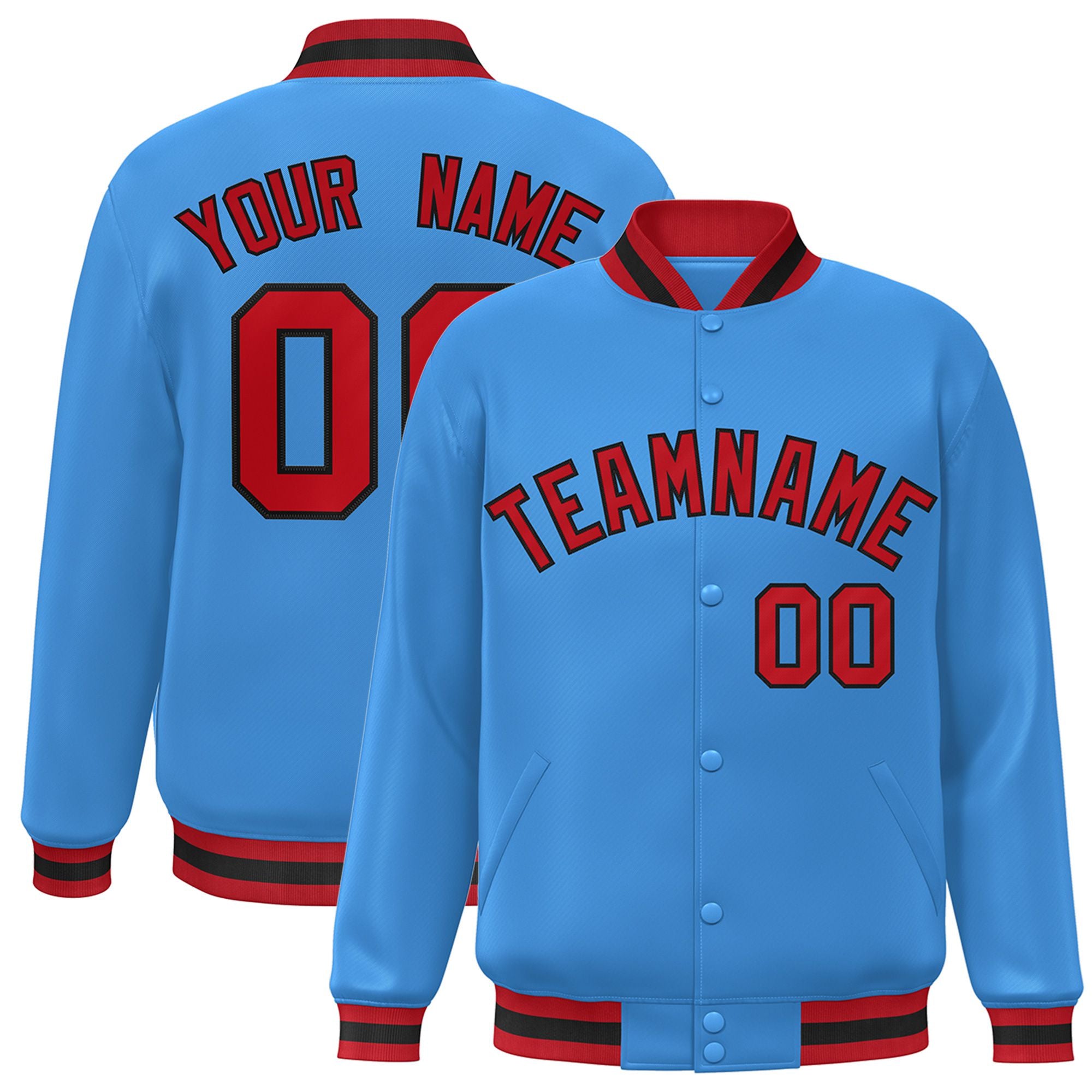 Custom Light-Blue Red-Black Bomber Full-Snap Varsity Letterman Jacket