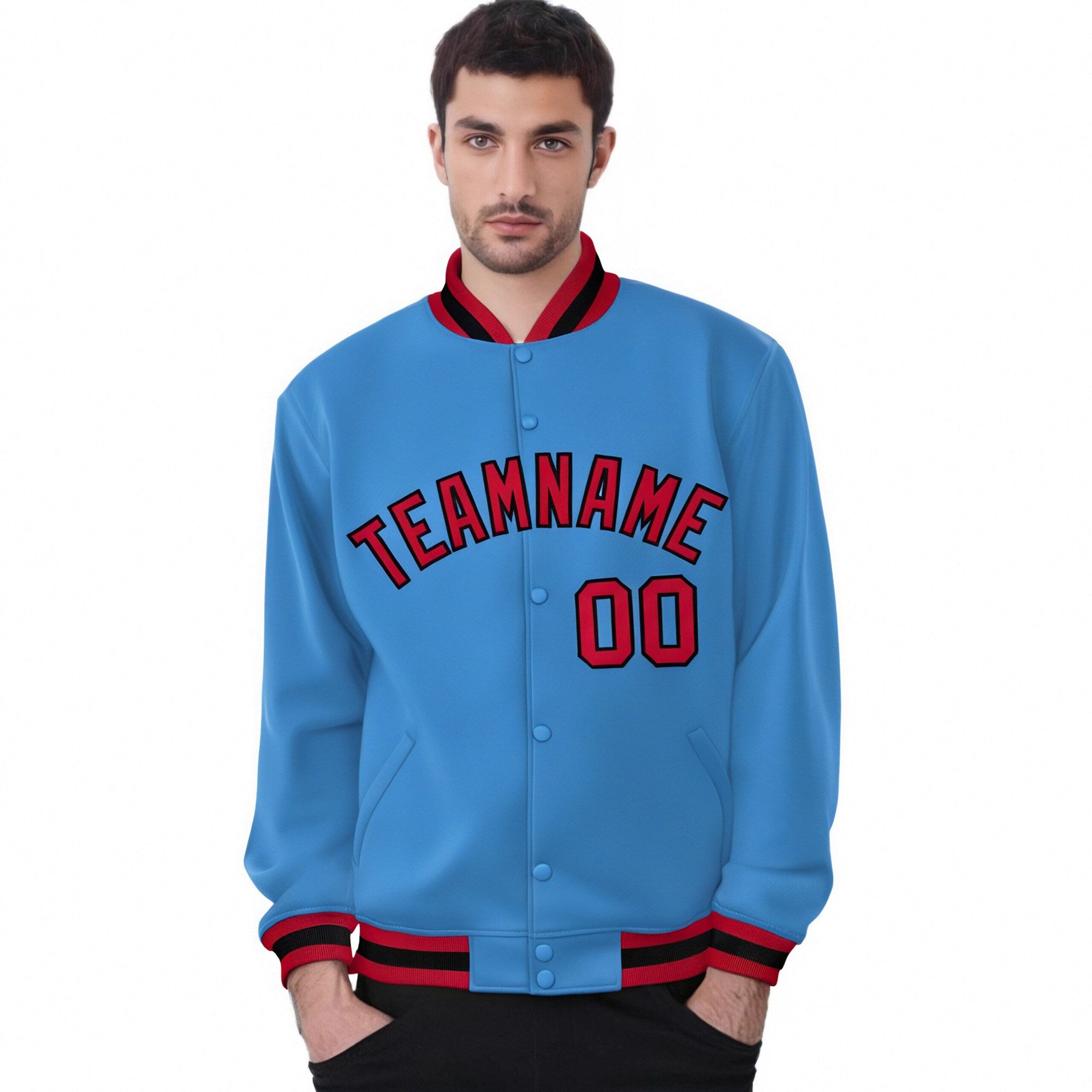 Custom Light-Blue Red-Black Bomber Full-Snap Varsity Letterman Jacket