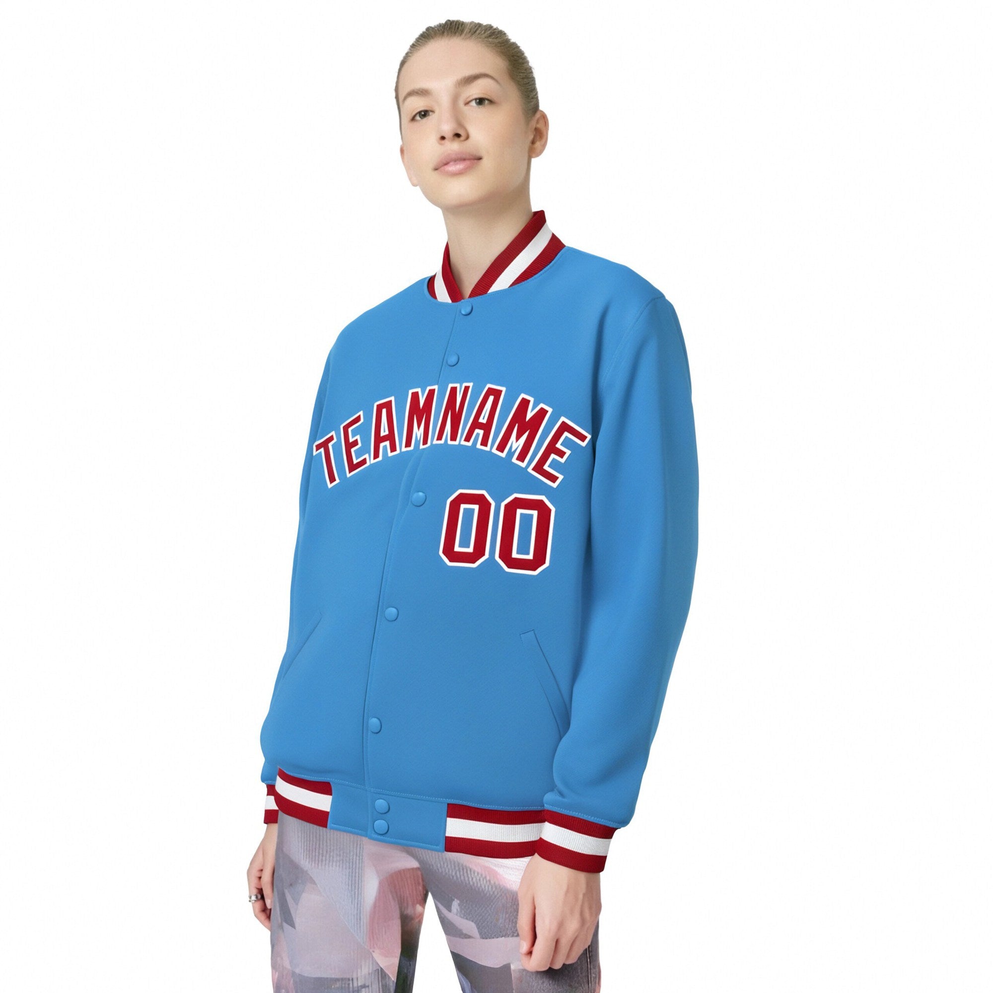 Custom Light-Blue Red-White Bomber Full-Snap Varsity Letterman Jacket