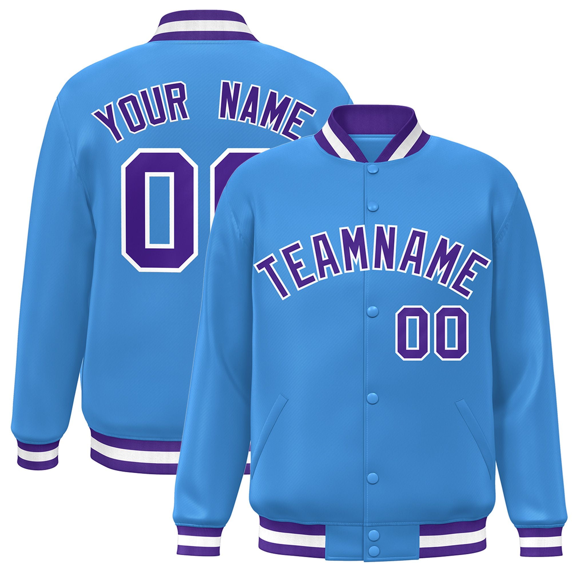 Custom Light-Blue Purple-White Bomber Full-Snap Varsity Letterman Jacket