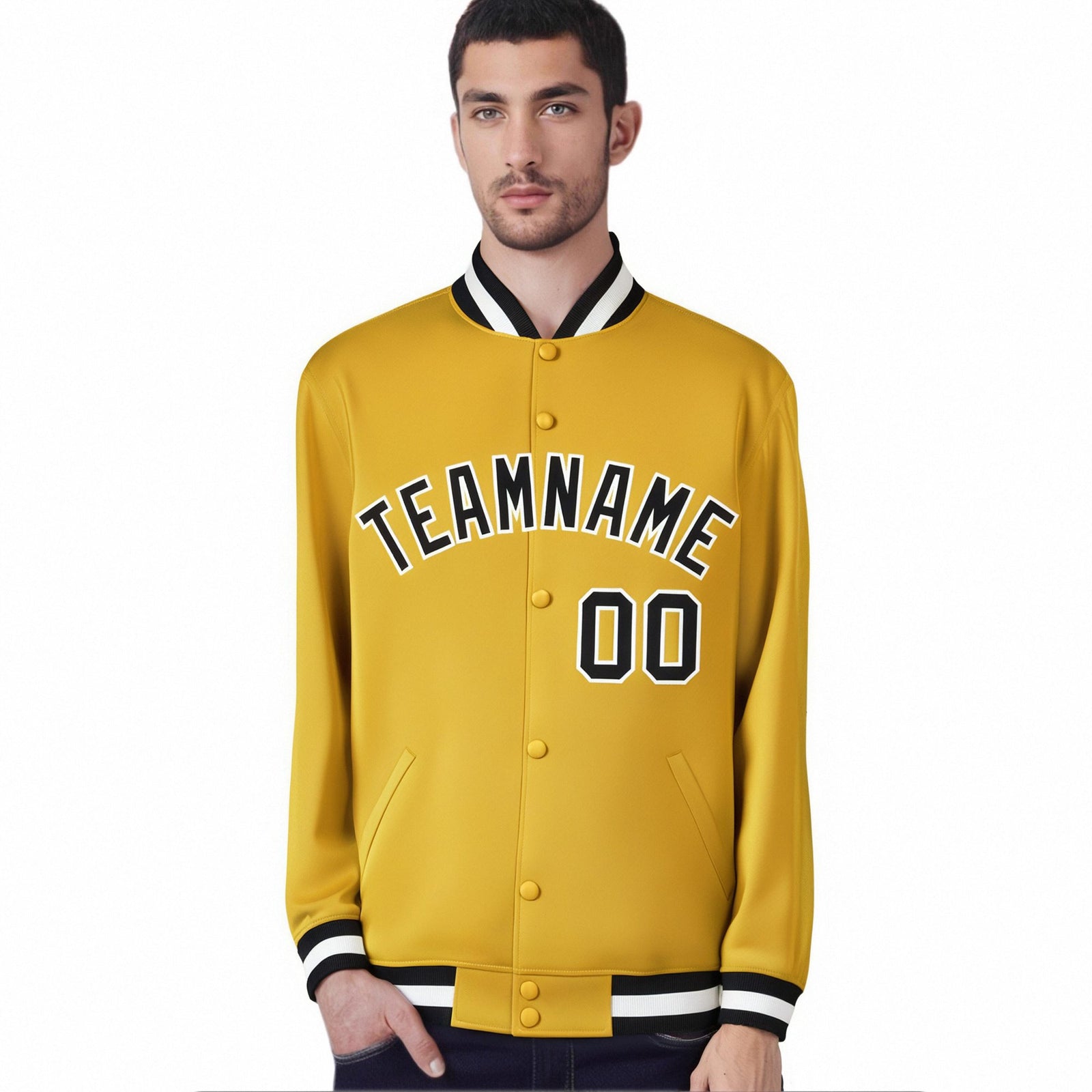 Custom Yellow Black-White Bomber Full-Snap Varsity Letterman Jacket