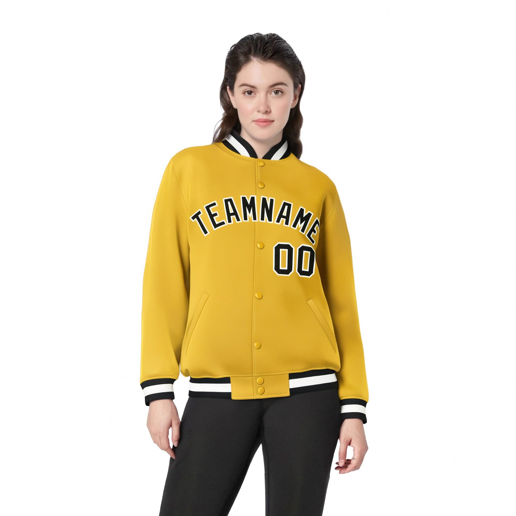 Custom Yellow Black-White Bomber Full-Snap Varsity Letterman Jacket