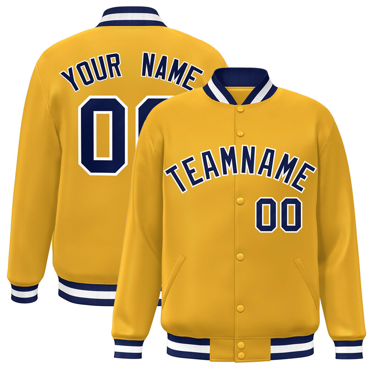 Custom Yellow Navy-White Bomber Full-Snap Varsity Letterman Jacket