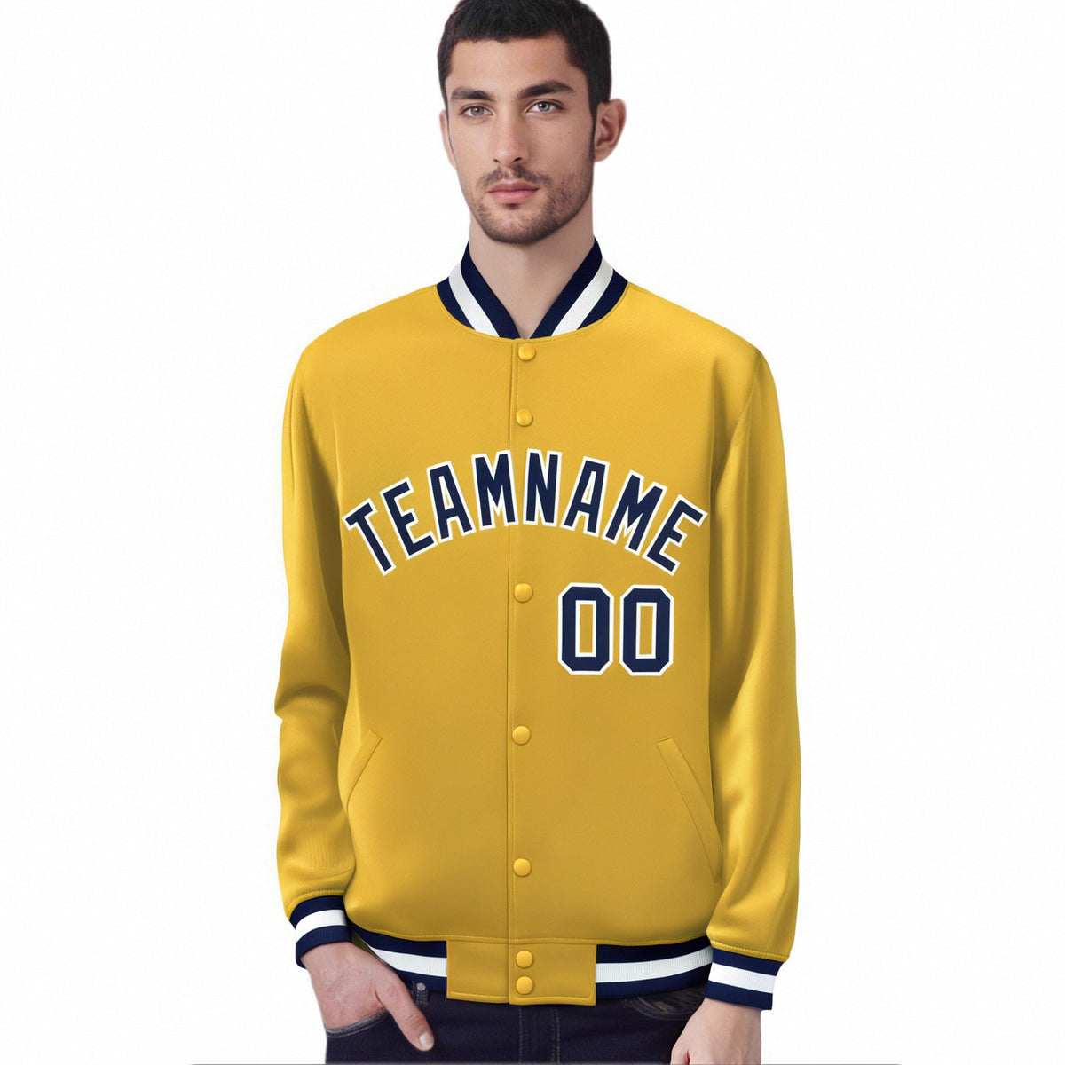 Custom Yellow Navy-White Bomber Full-Snap Varsity Letterman Jacket
