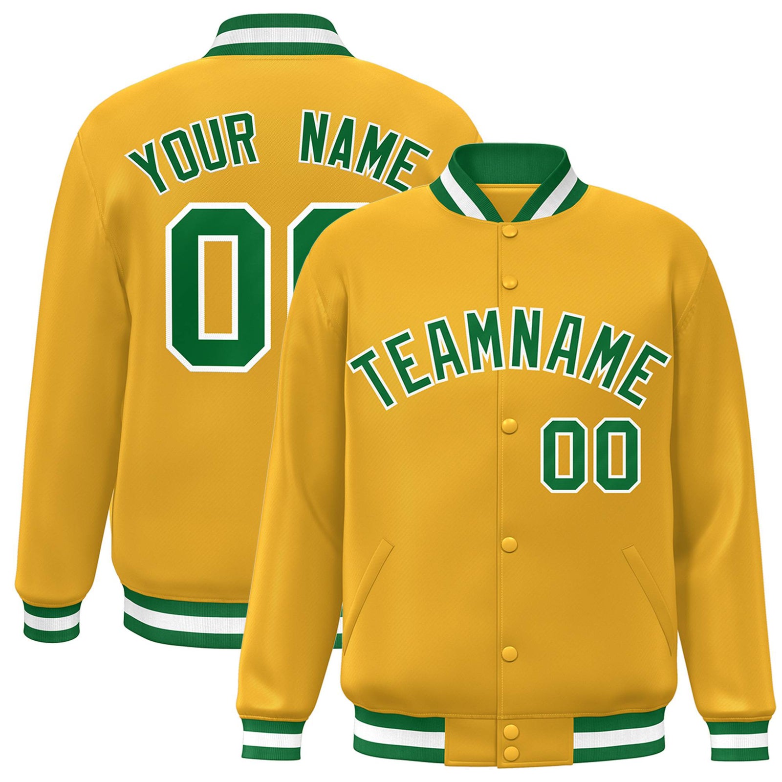 Custom Yellow Neon-Green White Bomber Full-Snap Varsity Letterman Jacket
