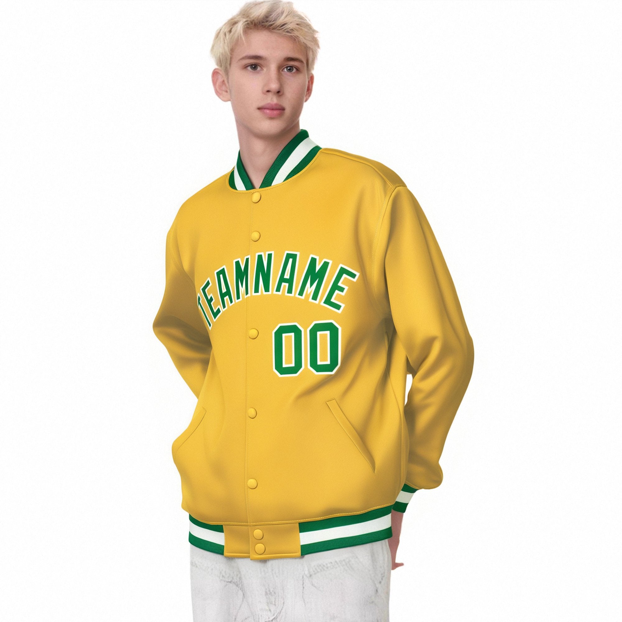 Custom Yellow Neon-Green White Bomber Full-Snap Varsity Letterman Jacket