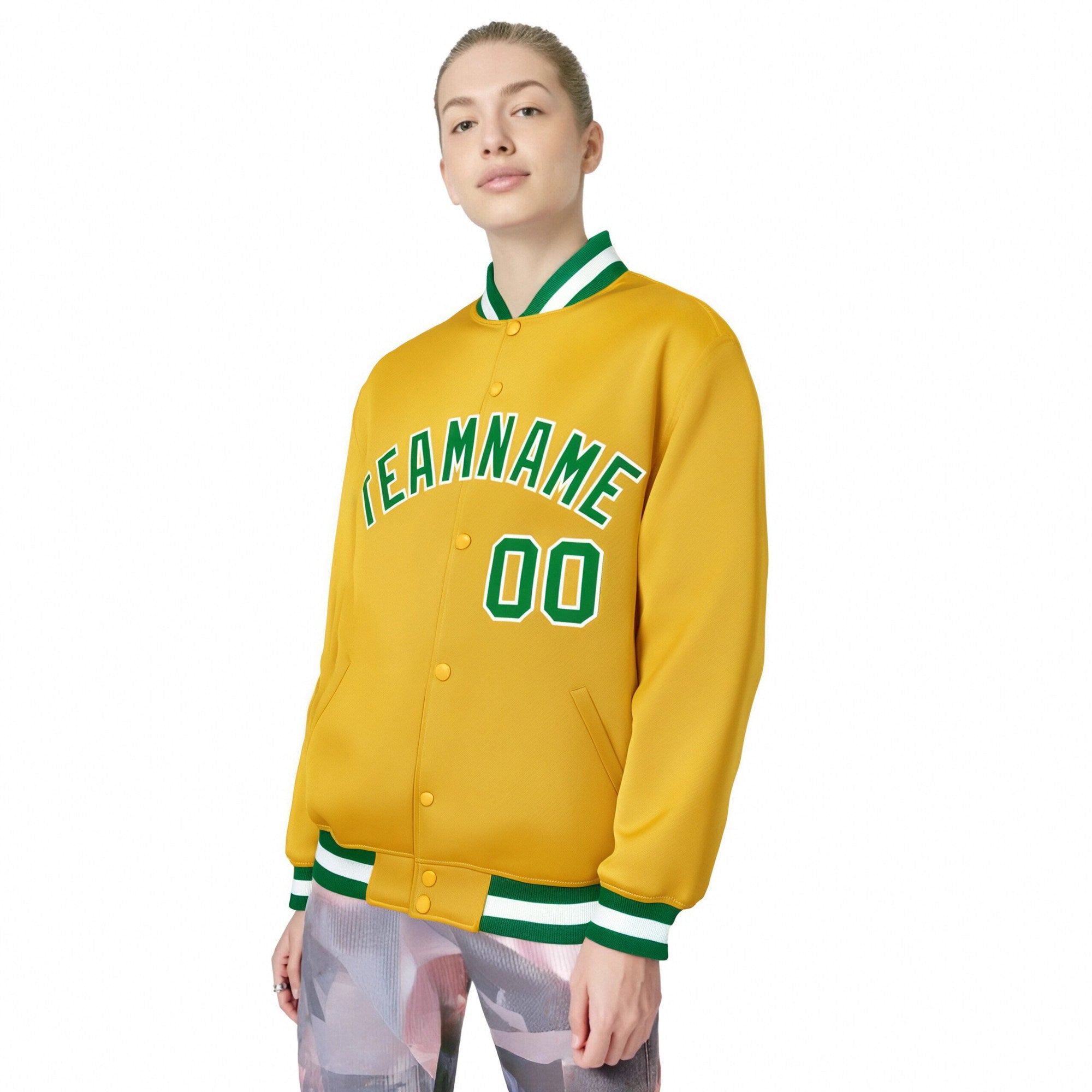 Custom Yellow Neon-Green White Bomber Full-Snap Varsity Letterman Jacket