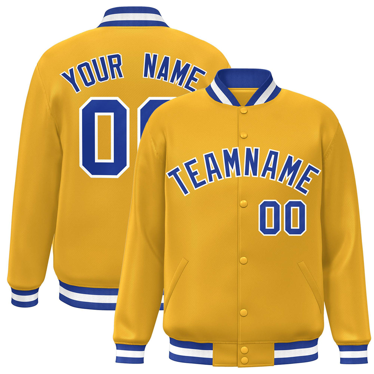 Custom Yellow Royal-Blue White Bomber Full-Snap Varsity Letterman Jacket