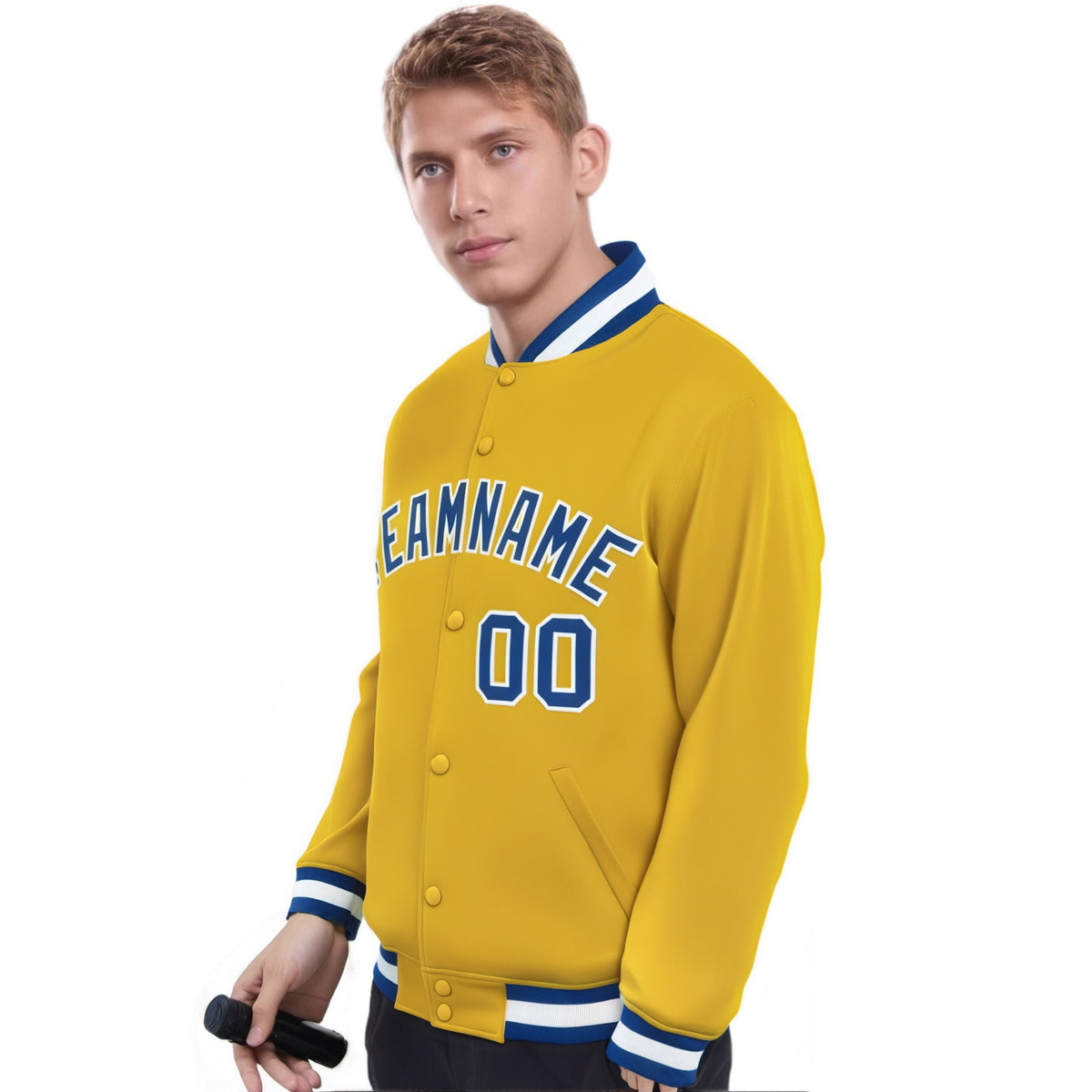Custom Yellow Royal-Blue White Bomber Full-Snap Varsity Letterman Jacket