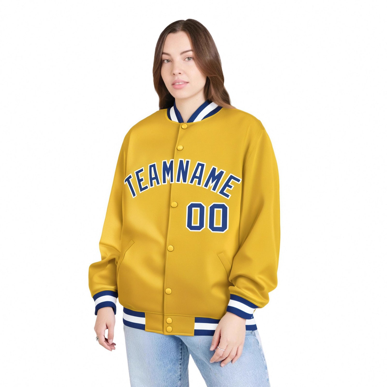 Custom Yellow Royal-Blue White Bomber Full-Snap Varsity Letterman Jacket