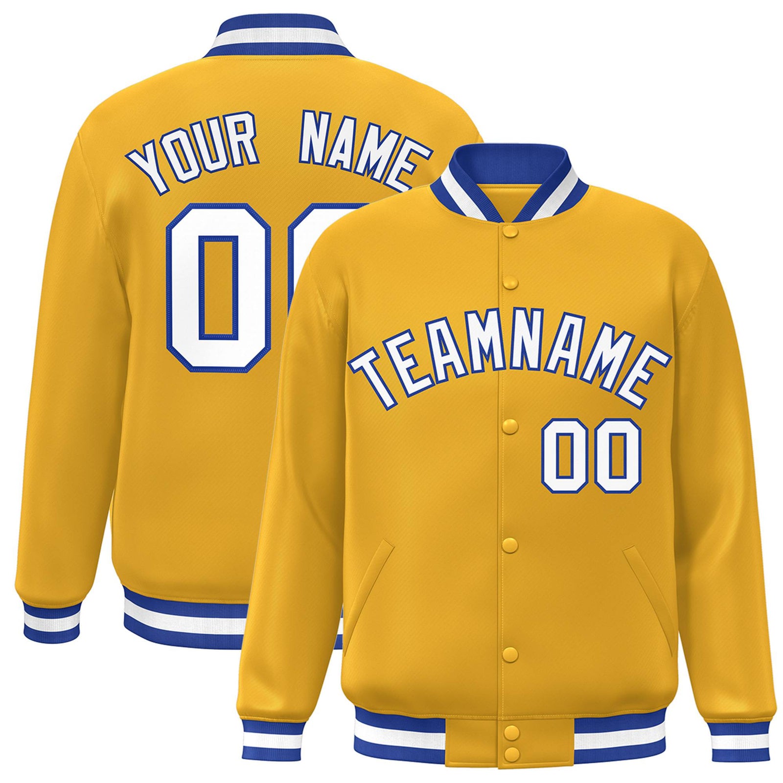 Custom Yellow White Royal-Blue Bomber Full-Snap Varsity Letterman Jacket