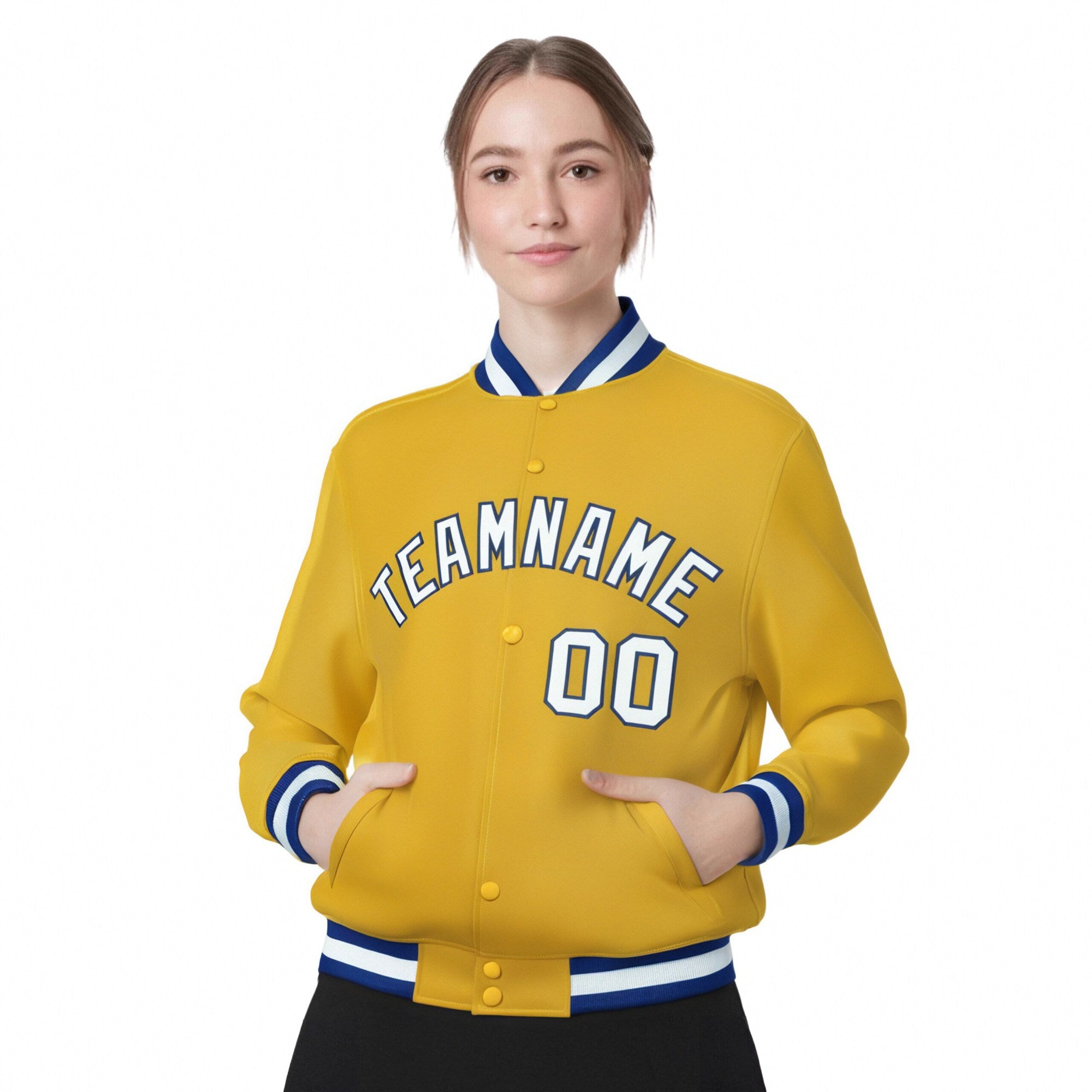 Custom Yellow White Royal-Blue Bomber Full-Snap Varsity Letterman Jacket