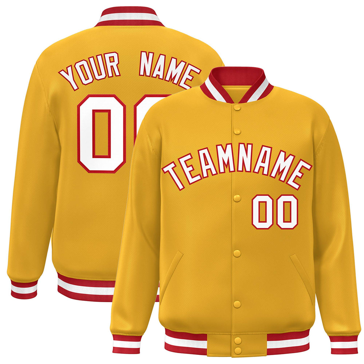 Custom Yellow White Red Bomber Full-Snap Varsity Letterman Jacket