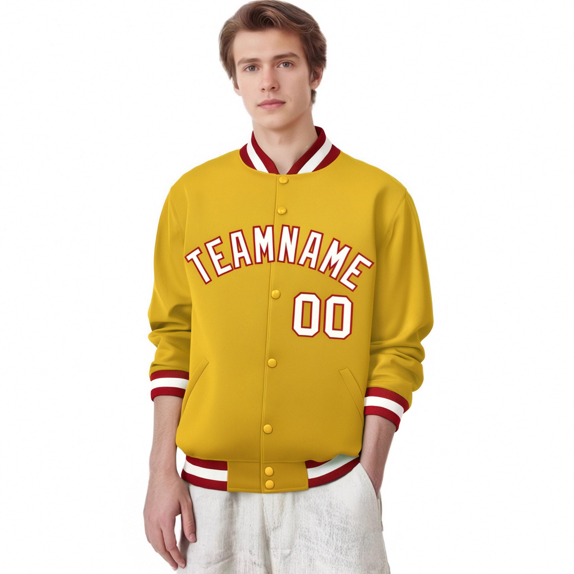 Custom Yellow White Red Bomber Full-Snap Varsity Letterman Jacket