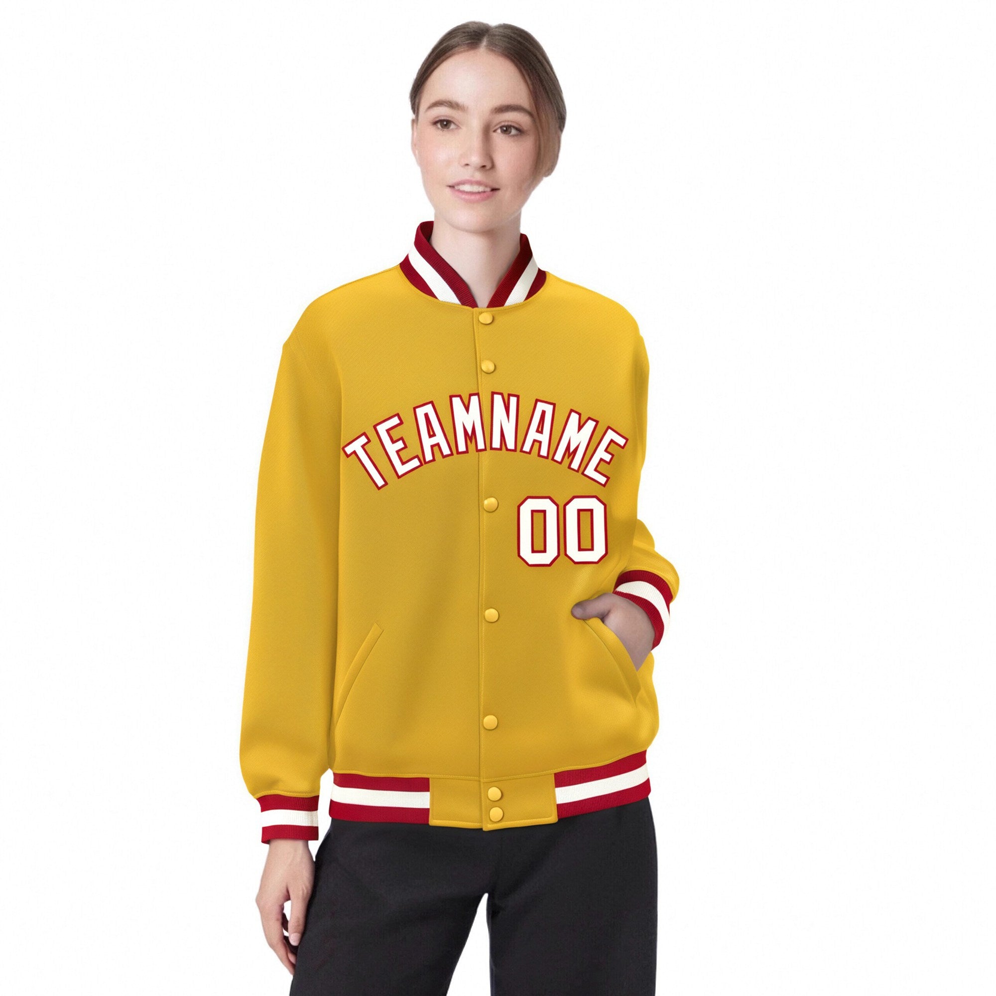 Custom Yellow White Red Bomber Full-Snap Varsity Letterman Jacket