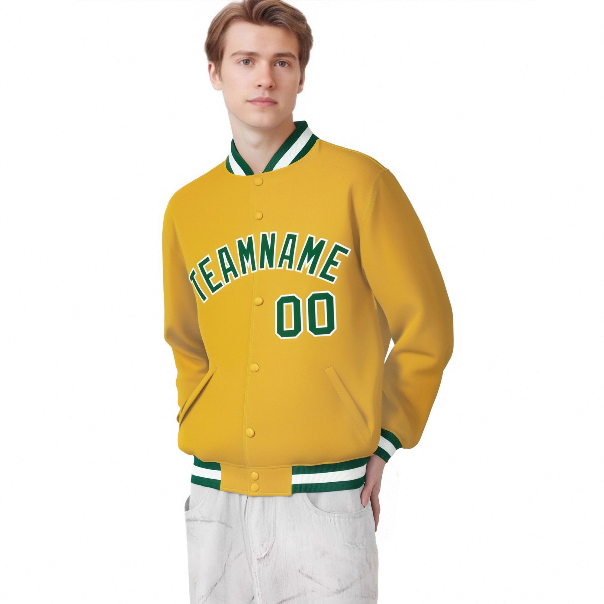 Custom Yellow Kelly-Green White Bomber Full-Snap Varsity Letterman Jacket