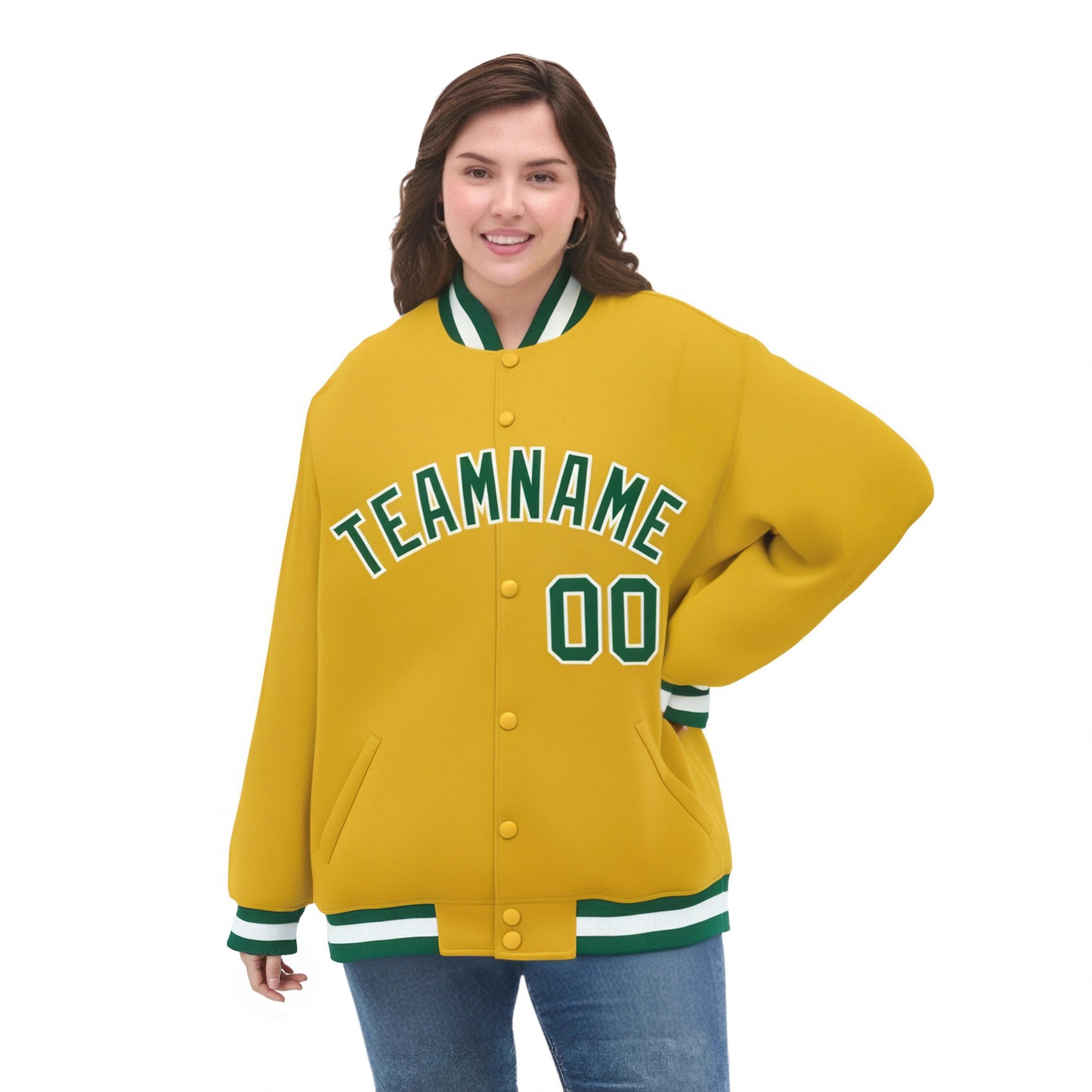 Custom Yellow Kelly-Green White Bomber Full-Snap Varsity Letterman Jacket