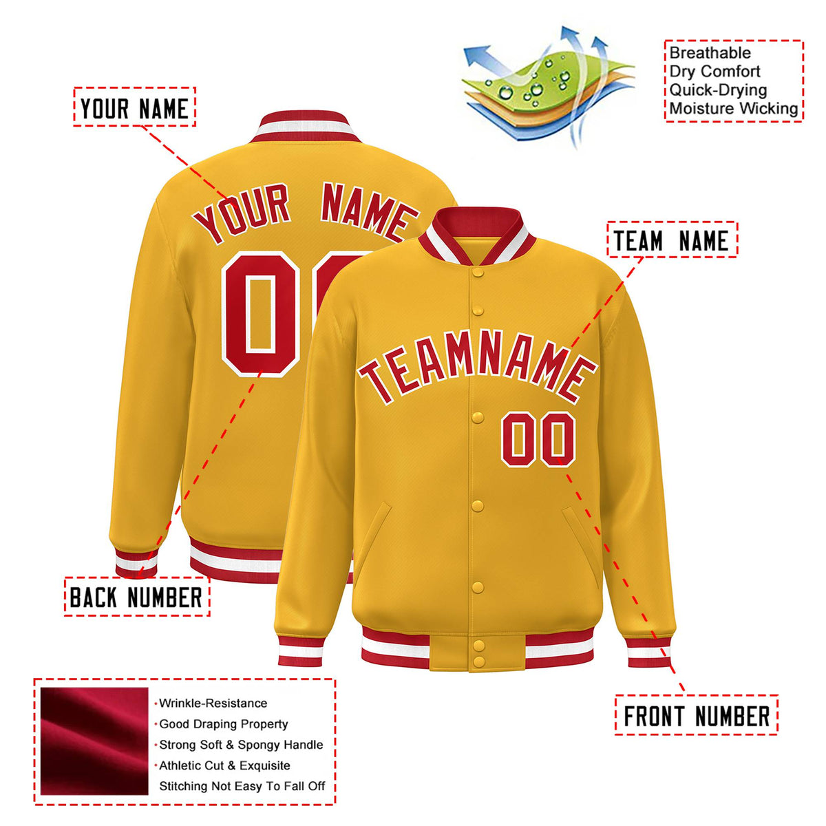 Custom Yellow Red-White Bomber Full-Snap Varsity Letterman Jacket