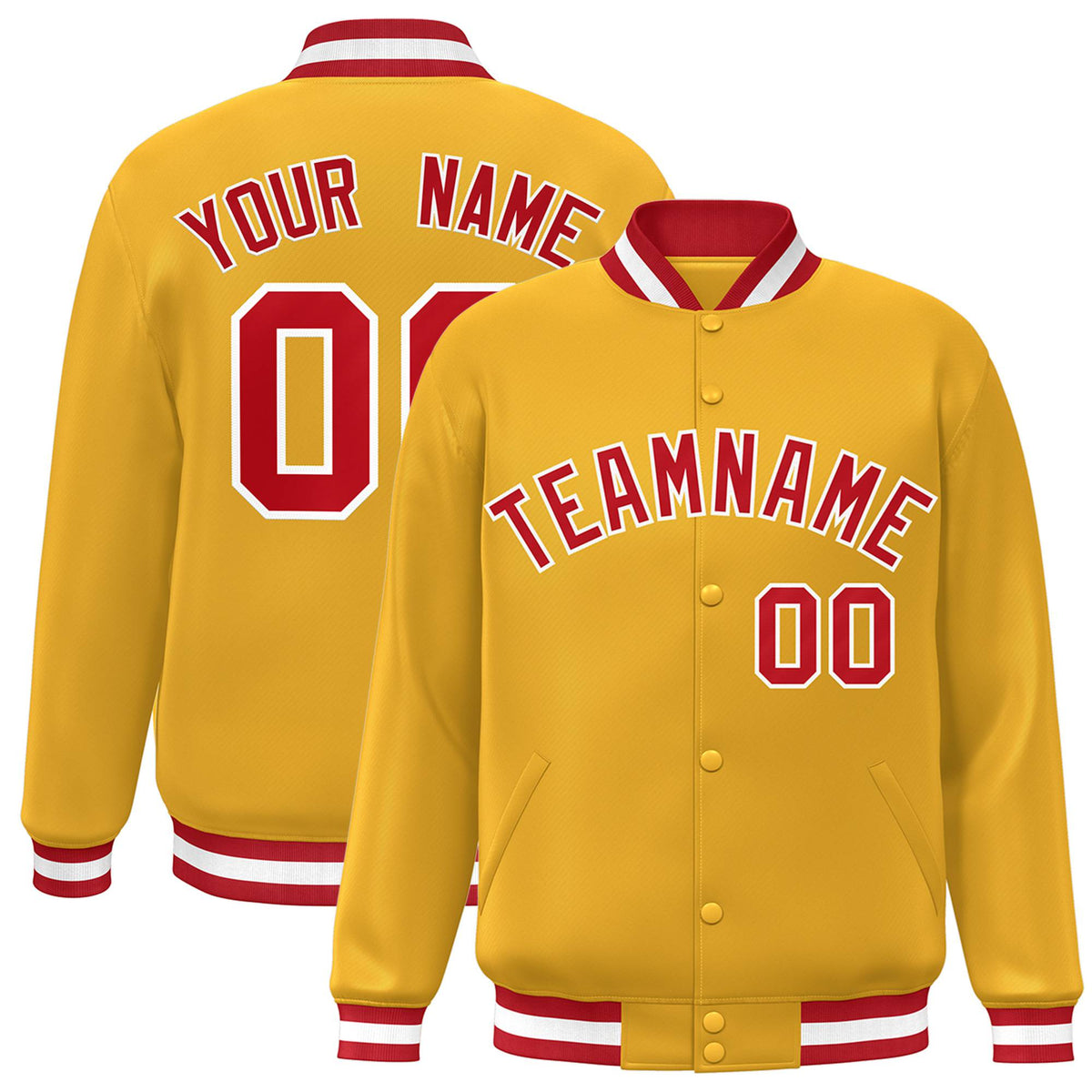 Custom Yellow Red-White Bomber Full-Snap Varsity Letterman Jacket