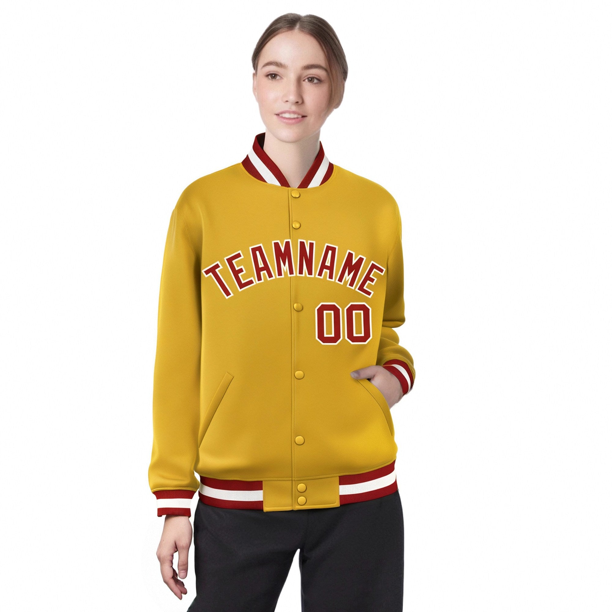 Custom Yellow Red-White Bomber Full-Snap Varsity Letterman Jacket