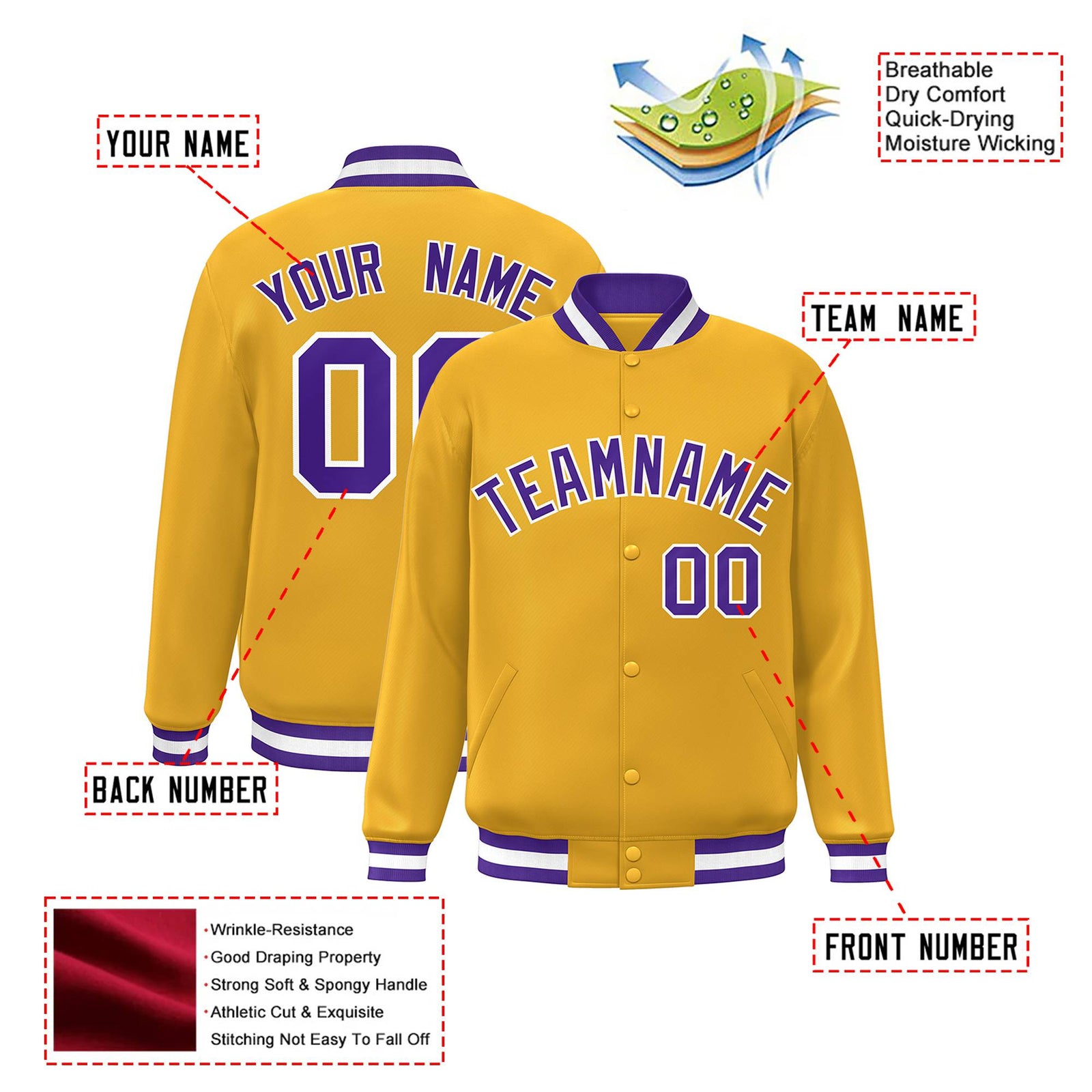 Custom Yellow Purple-White Bomber Full-Snap Varsity Letterman Jacket
