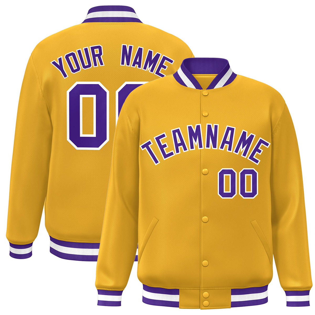 Custom Yellow Purple-White Bomber Full-Snap Varsity Letterman Jacket