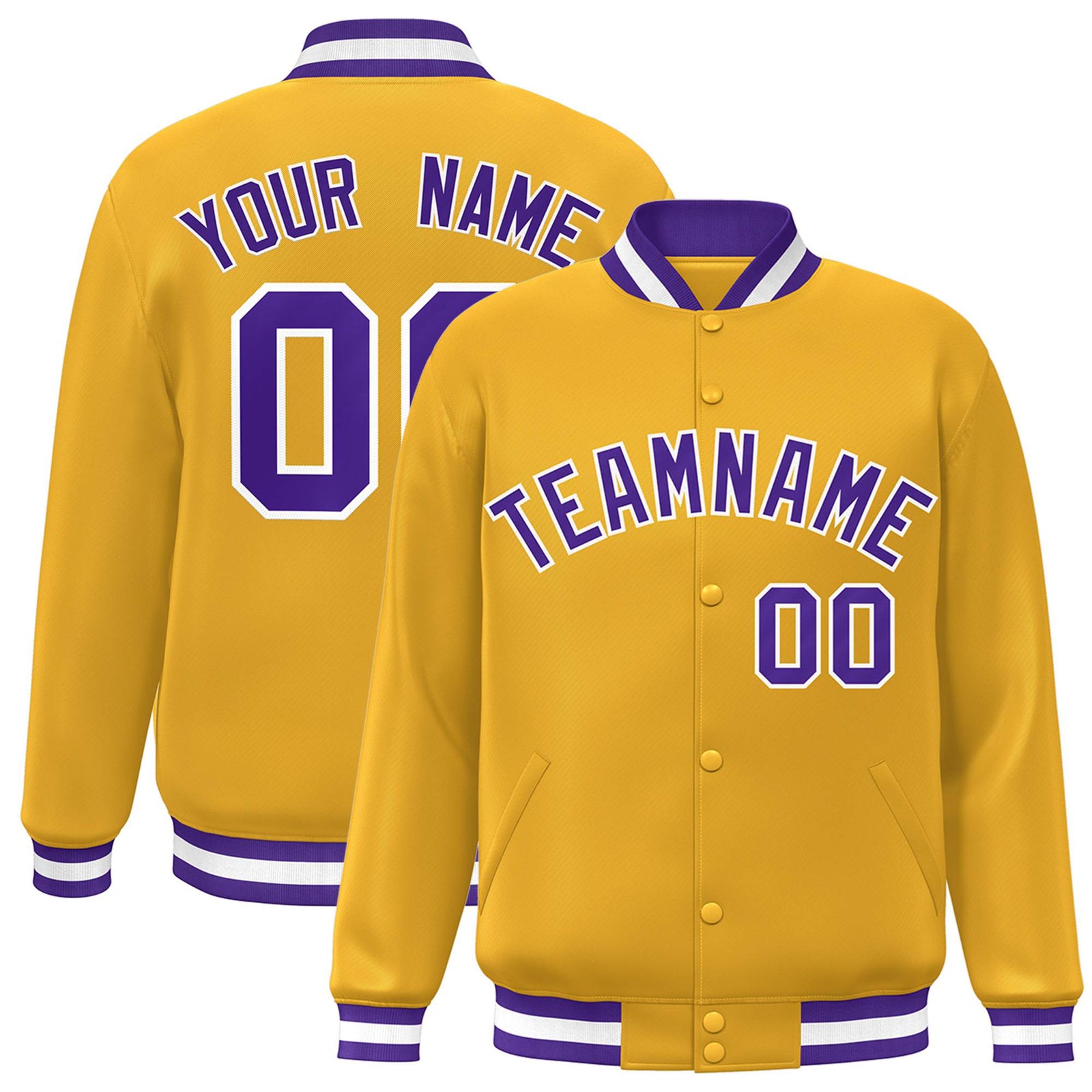 Custom Yellow Purple-White Bomber Full-Snap Varsity Letterman Jacket