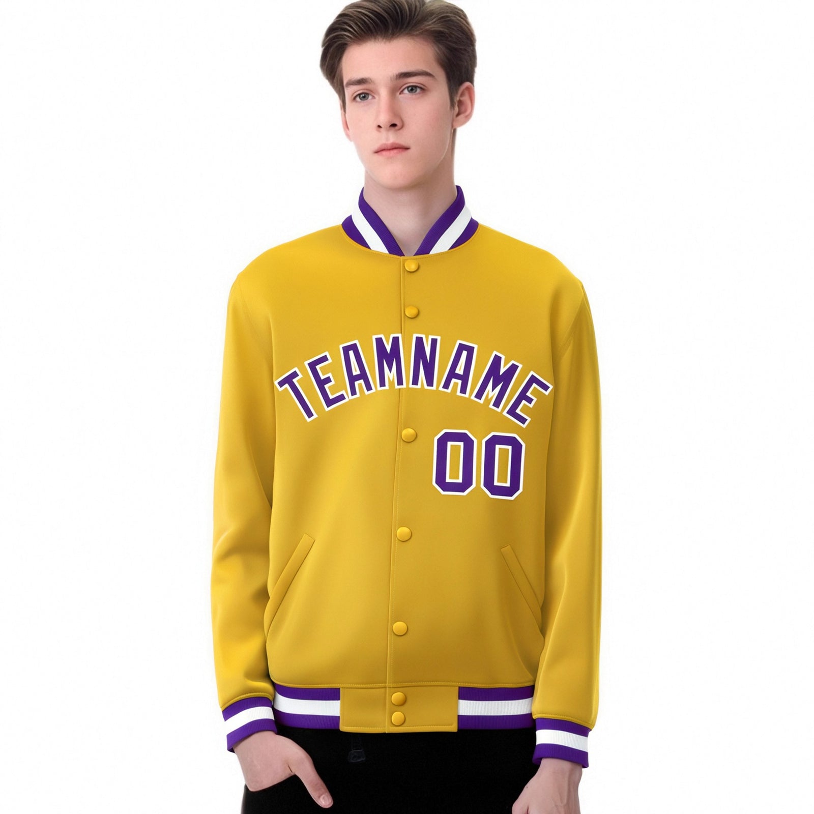 Custom Yellow Purple-White Bomber Full-Snap Varsity Letterman Jacket