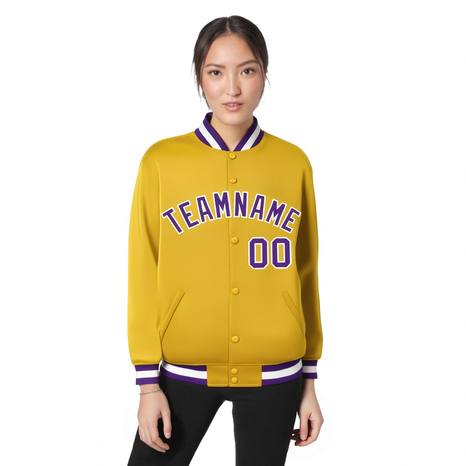 Custom Yellow Purple-White Bomber Full-Snap Varsity Letterman Jacket