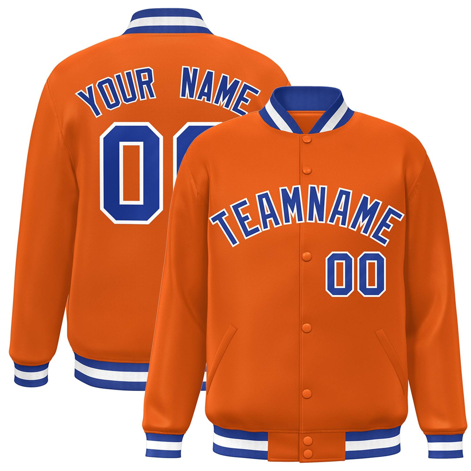 Custom Orange Thunder-Blue White Bomber Full-Snap Varsity Letterman Jacket