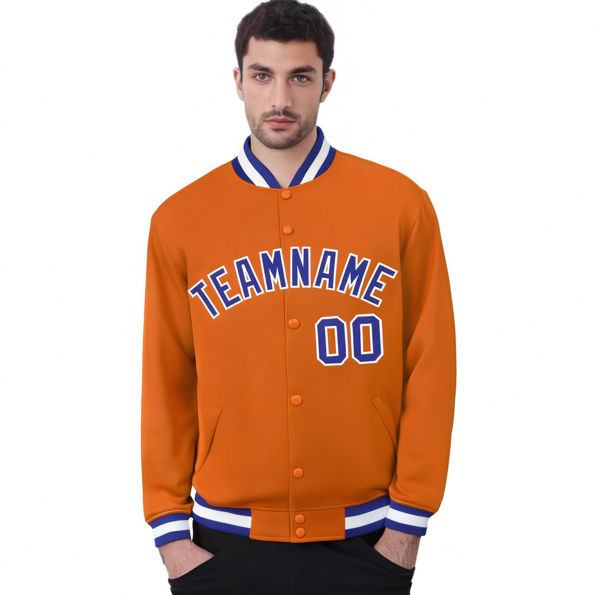 Custom Orange Thunder-Blue White Bomber Full-Snap Varsity Letterman Jacket