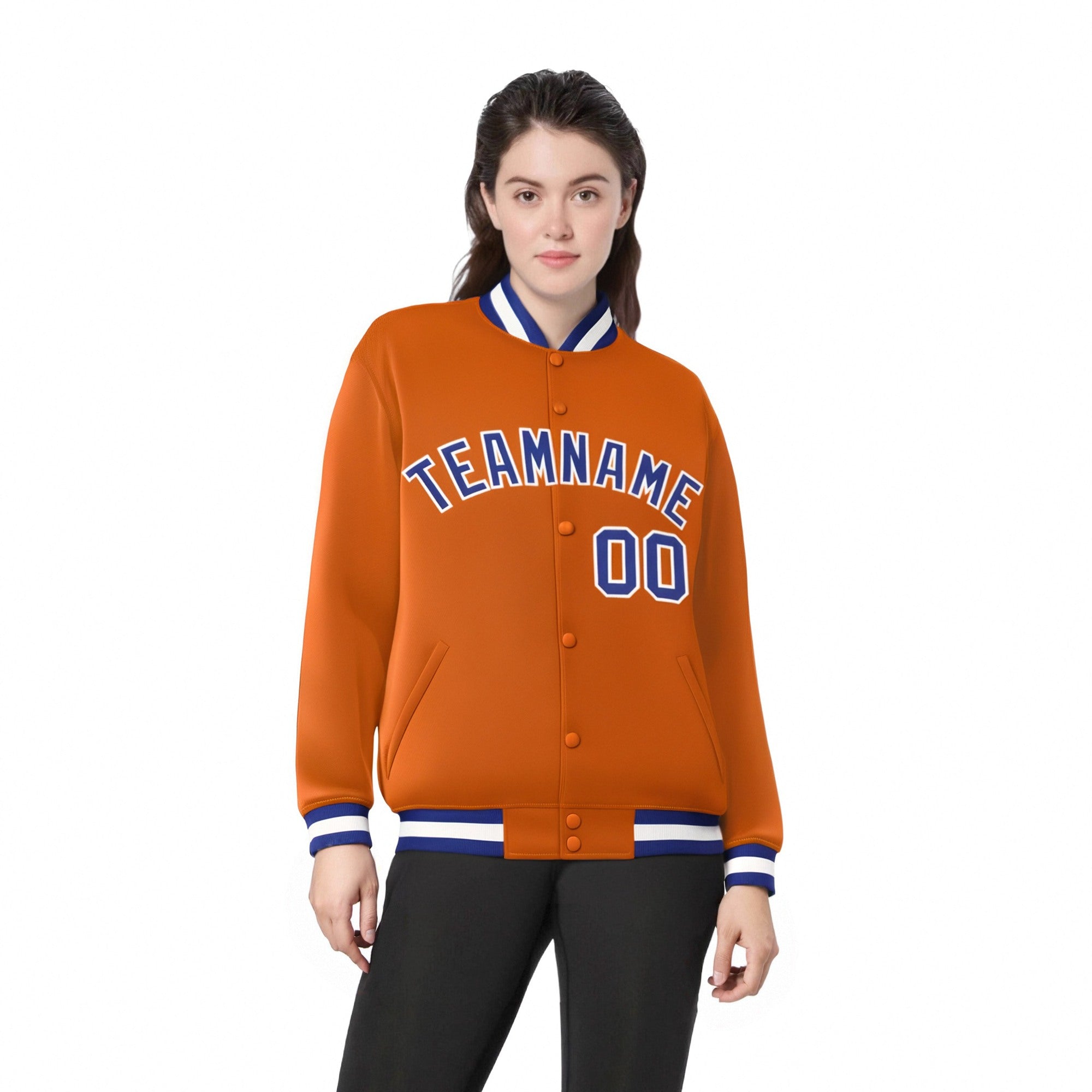 Custom Orange Thunder-Blue White Bomber Full-Snap Varsity Letterman Jacket