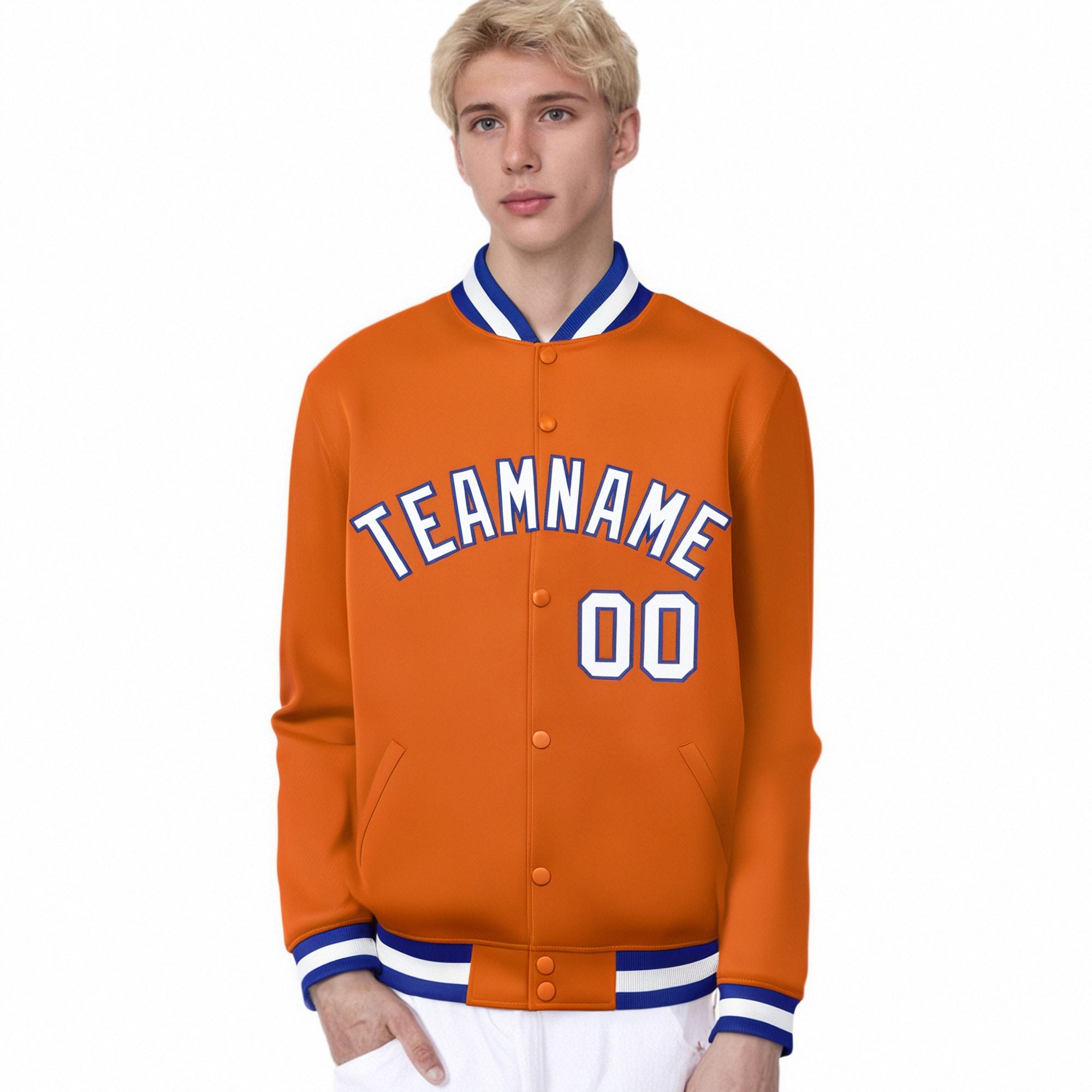 Custom Orange White Thunder-Blue Bomber Full-Snap Varsity Letterman Jacket