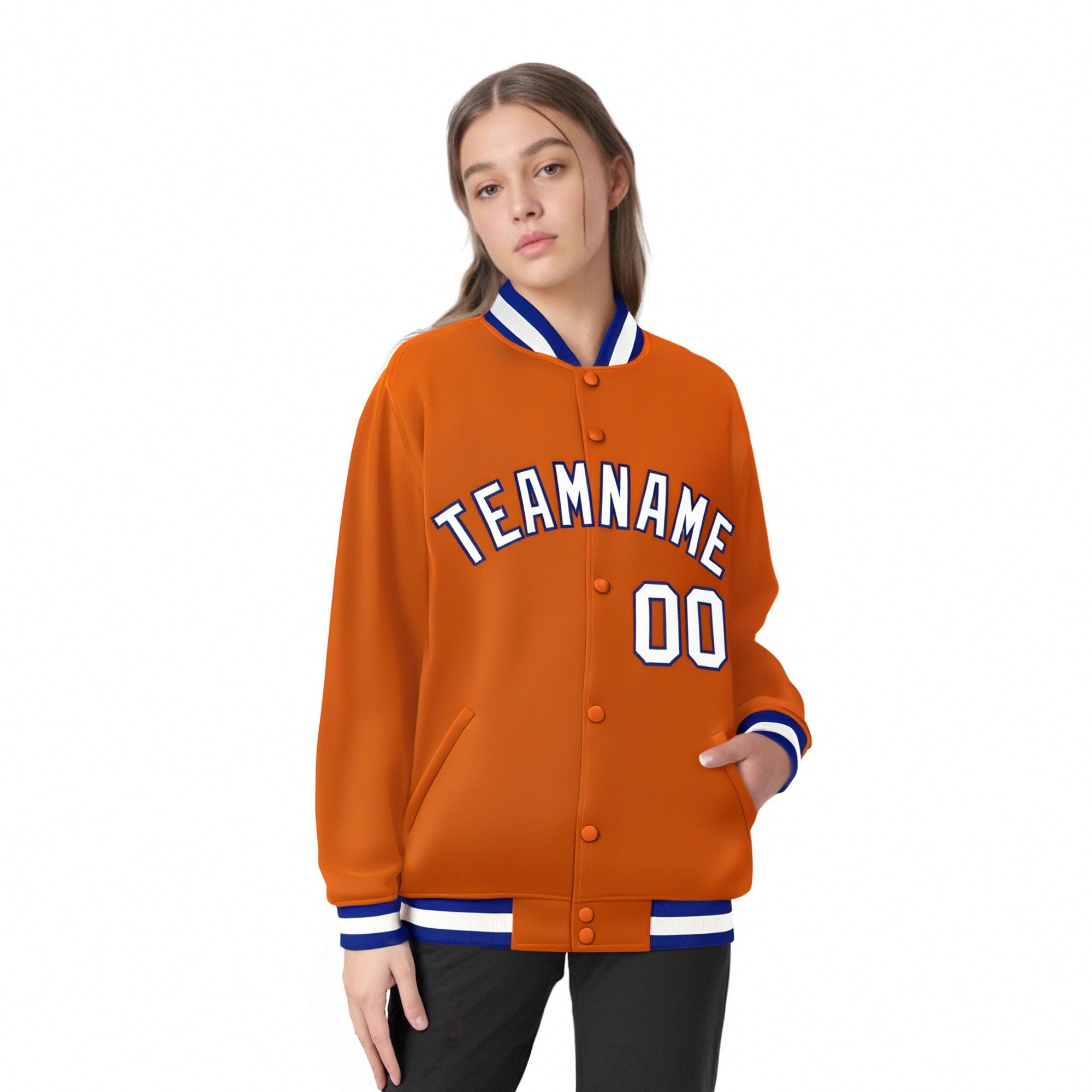 Custom Orange White Thunder-Blue Bomber Full-Snap Varsity Letterman Jacket