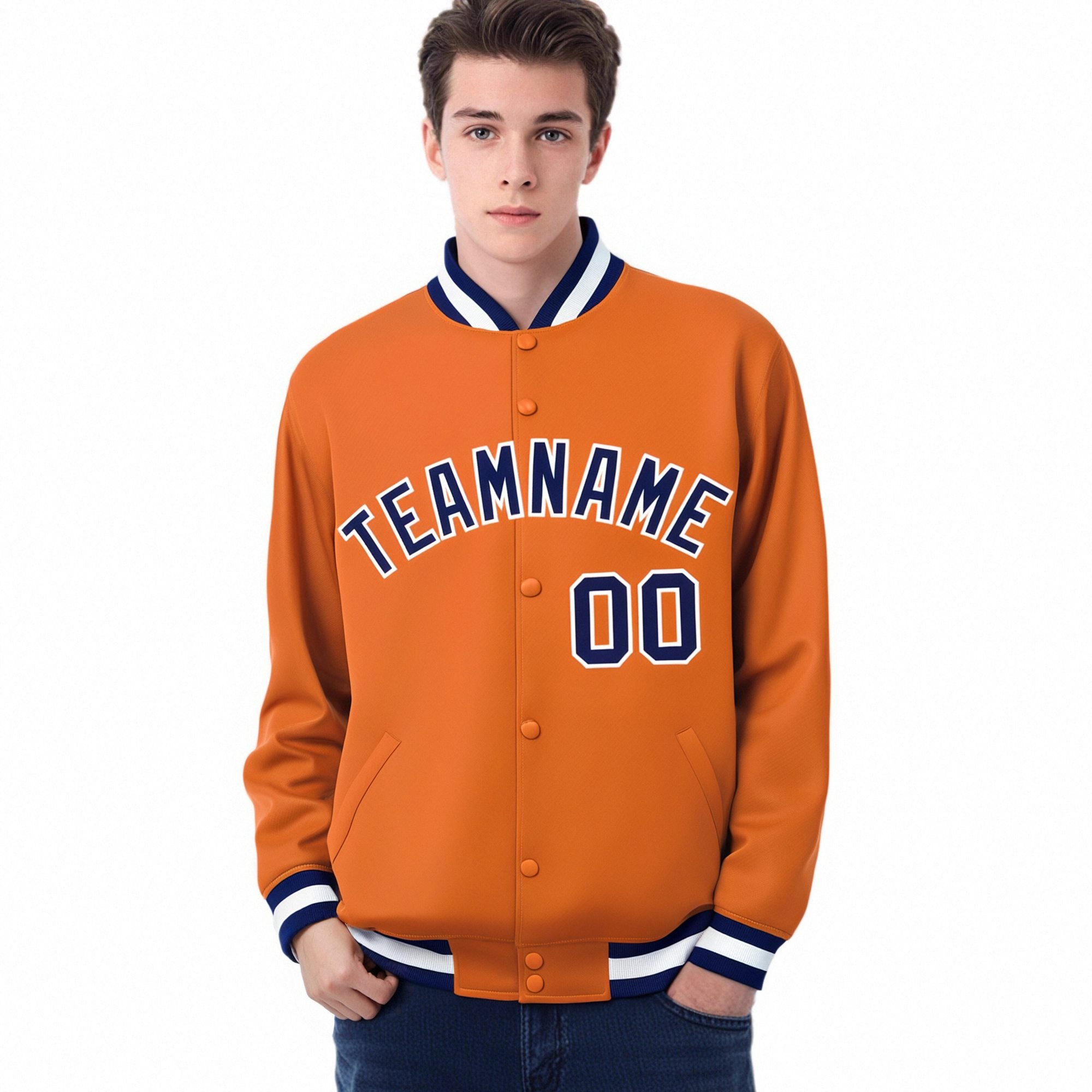 Custom Orange Navy White Bomber Full-Snap Varsity Letterman Jacket