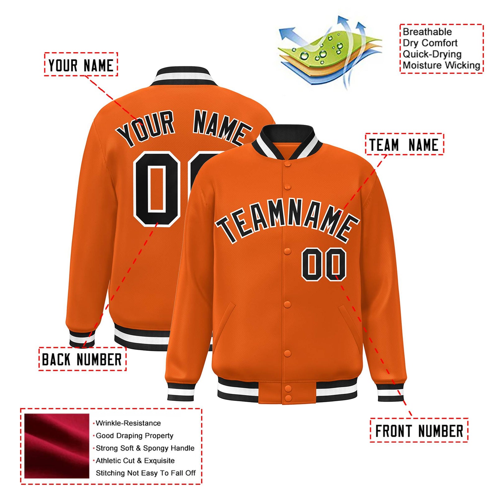 Custom Orange Black White Bomber Full-Snap Varsity Letterman Jacket