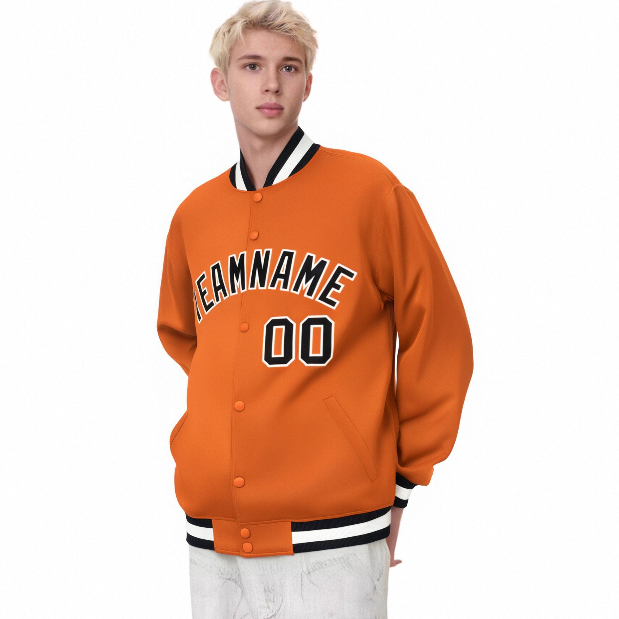 Custom Orange Black White Bomber Full-Snap Varsity Letterman Jacket