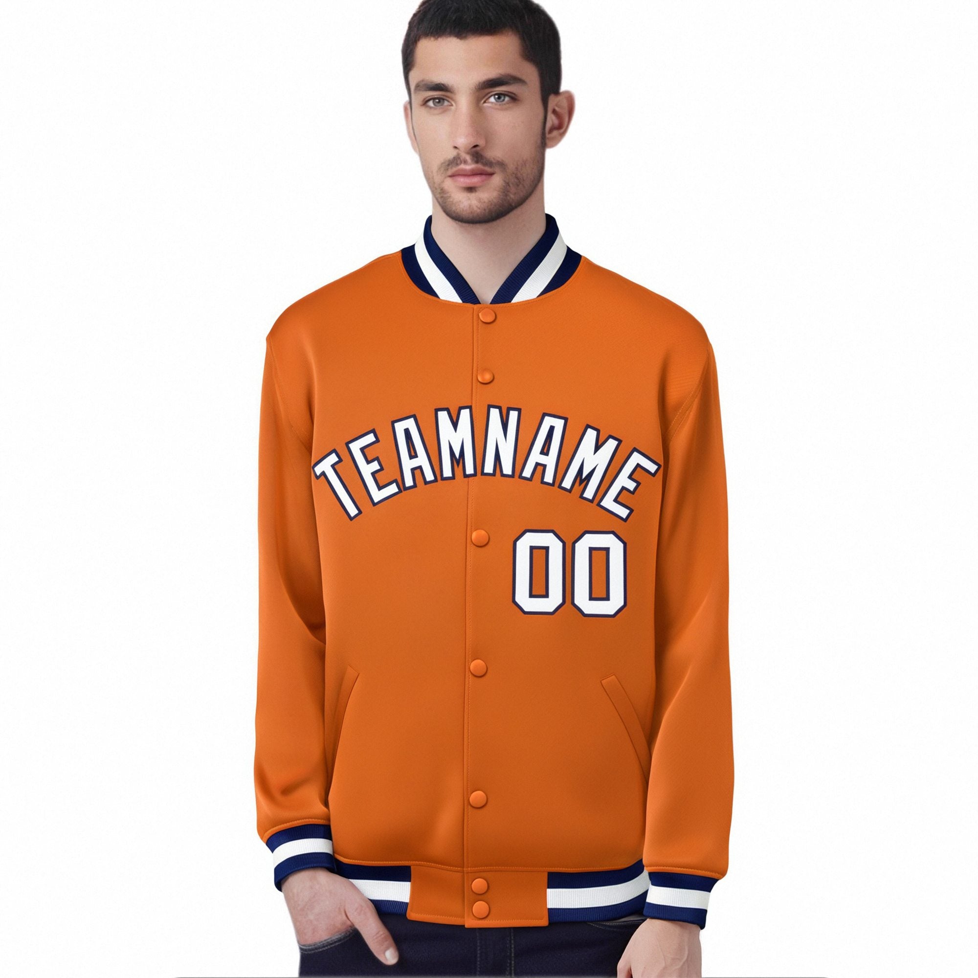 Custom Orange White Navy Bomber Full-Snap Varsity Letterman Jacket