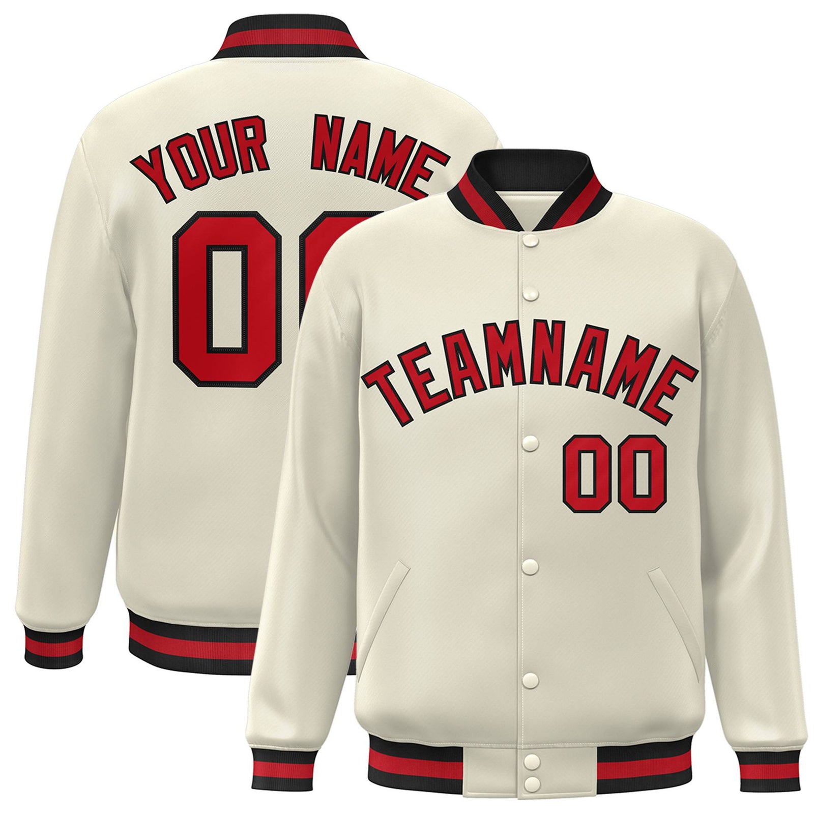 Custom Cream Red Black Bomber Full-Snap Varsity Letterman Jacket