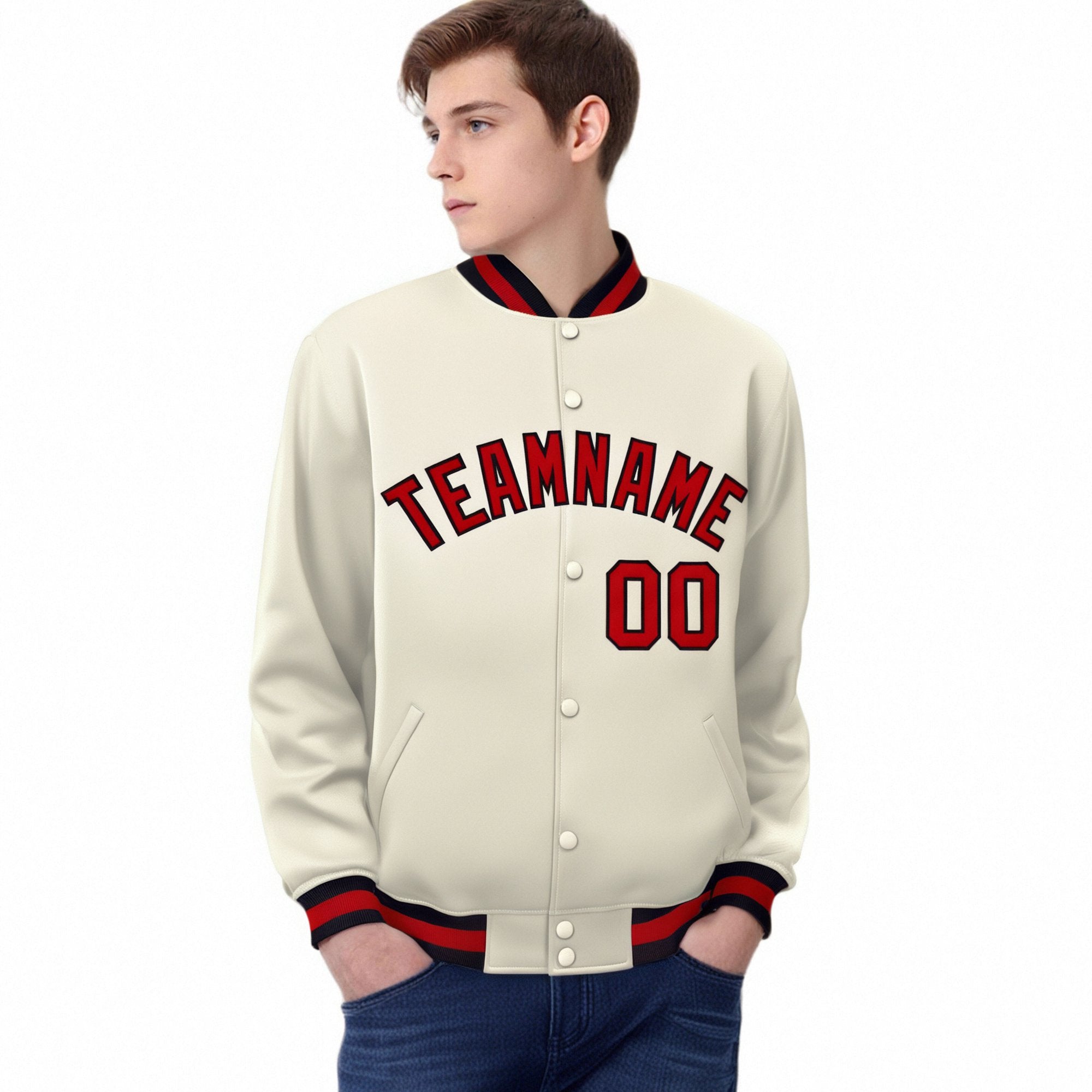 Custom Cream Red Black Bomber Full-Snap Varsity Letterman Jacket