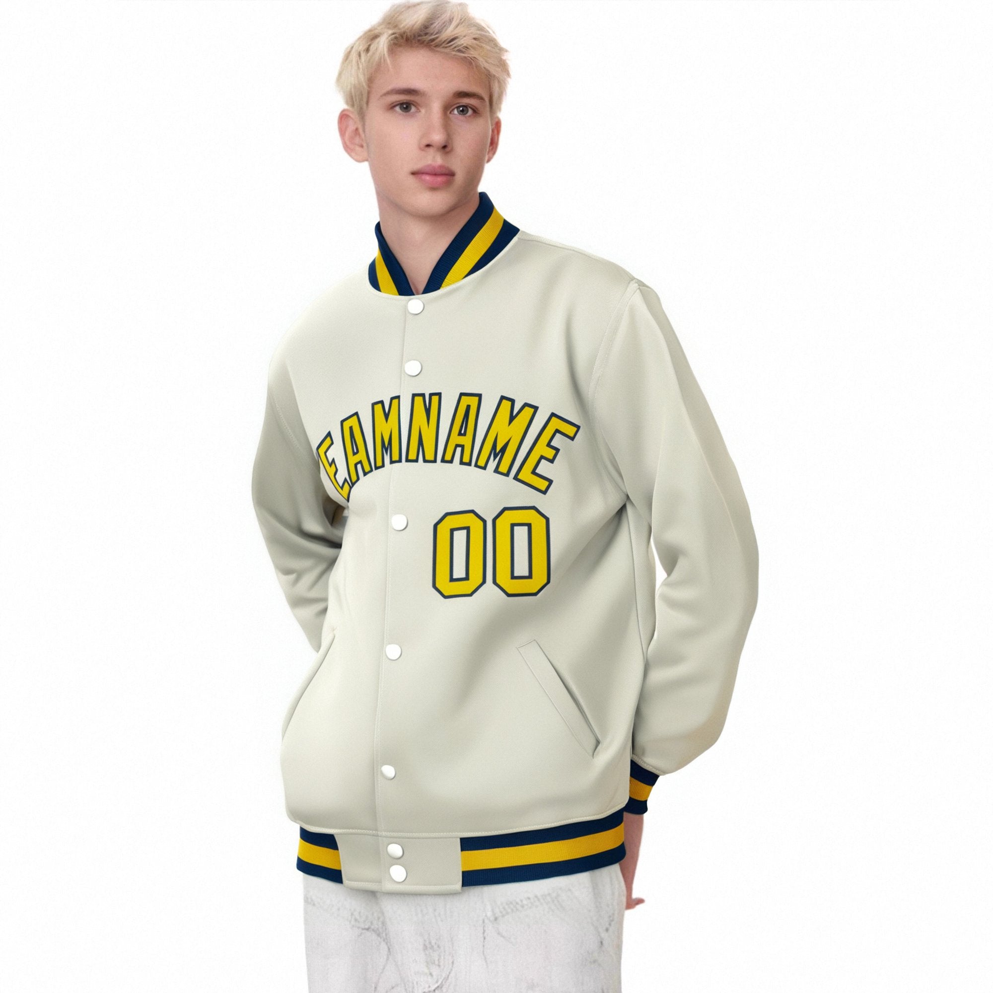 Custom Cream Yellow Navy Bomber Full-Snap Varsity Letterman Jacket