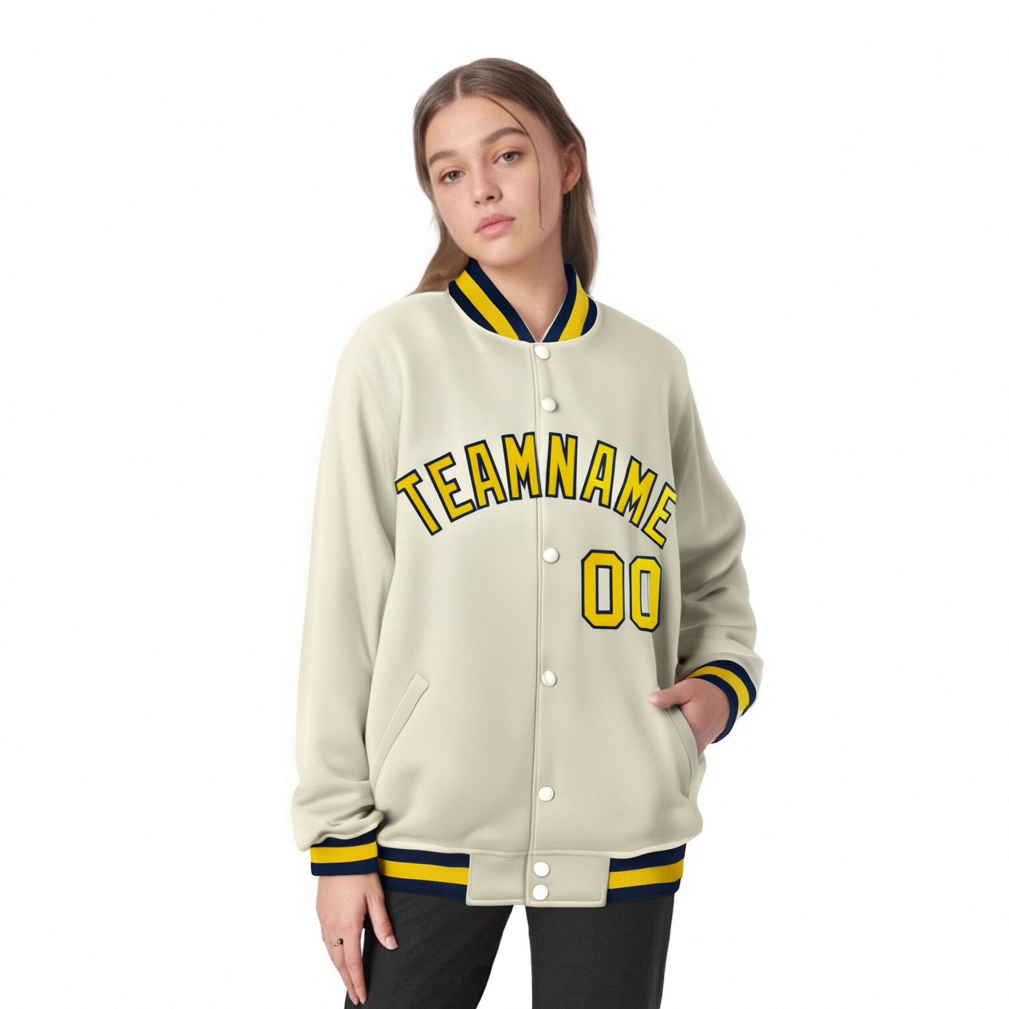 Custom Cream Yellow Navy Bomber Full-Snap Varsity Letterman Jacket