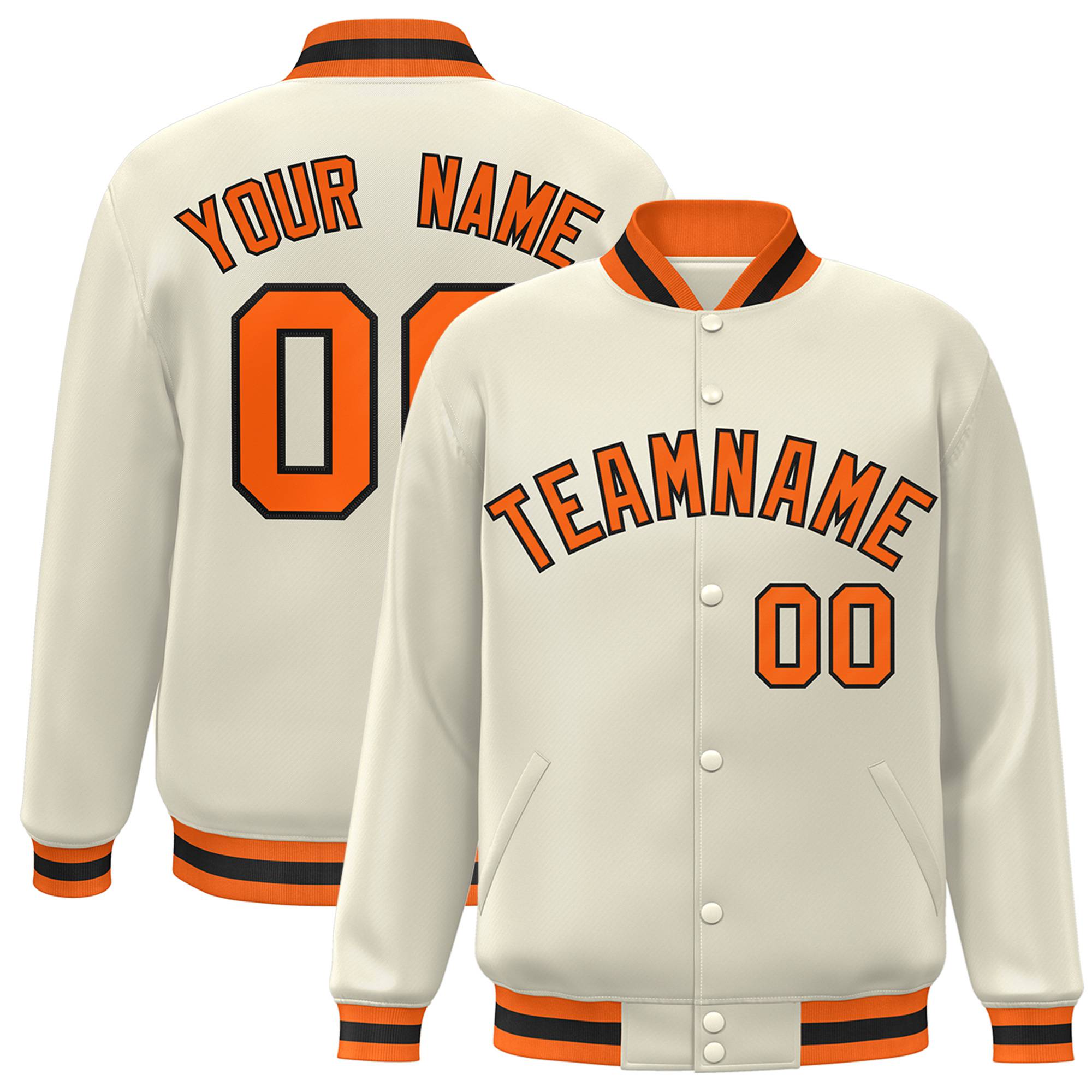 Custom Cream Orange Black Bomber Full-Snap Varsity Letterman Jacket