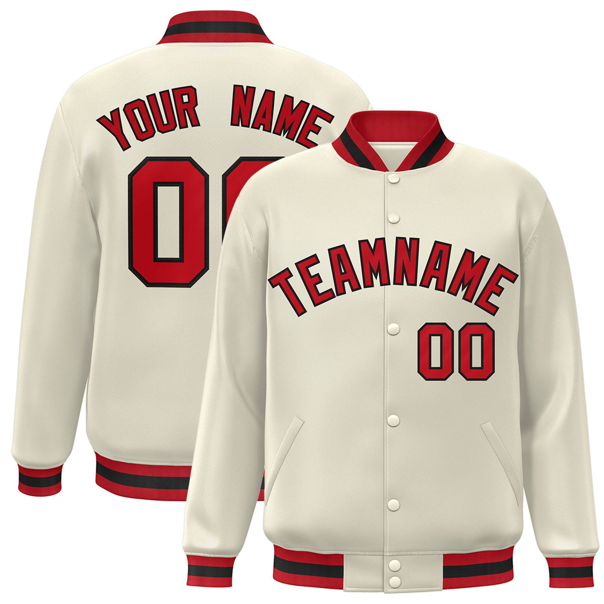 Custom Cream Red Black Bomber Full-Snap Varsity Letterman Jacket