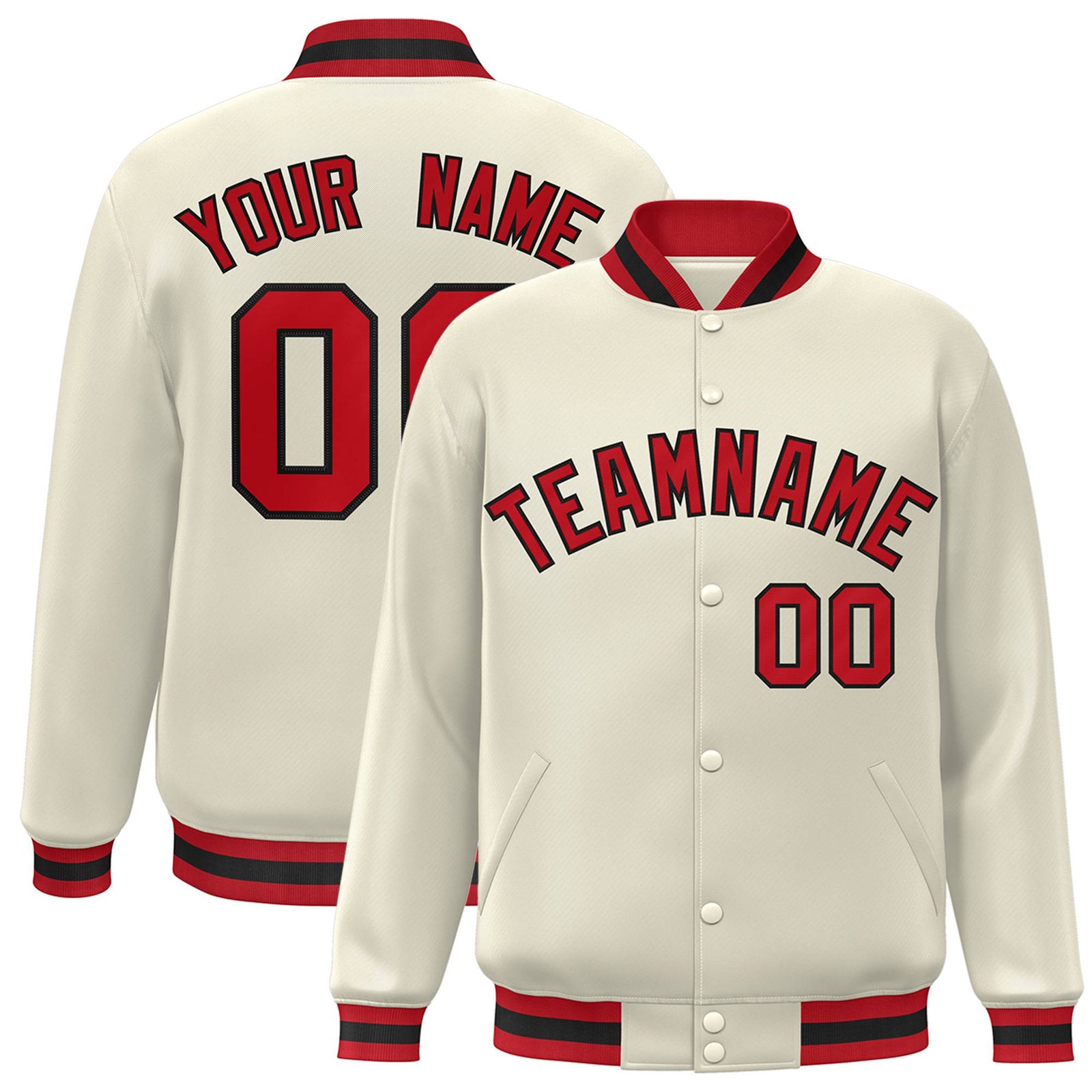 Custom Cream Red Black Bomber Full-Snap Varsity Letterman Jacket